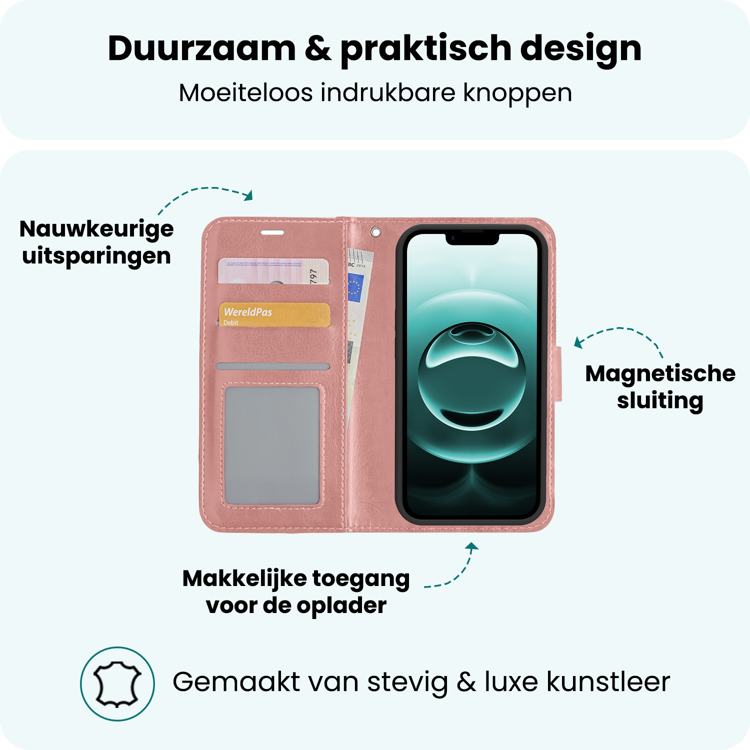 Forterra Forterra iPhone 16E Hoesje Bookcase Met 2x Screenprotector - Rose Goud