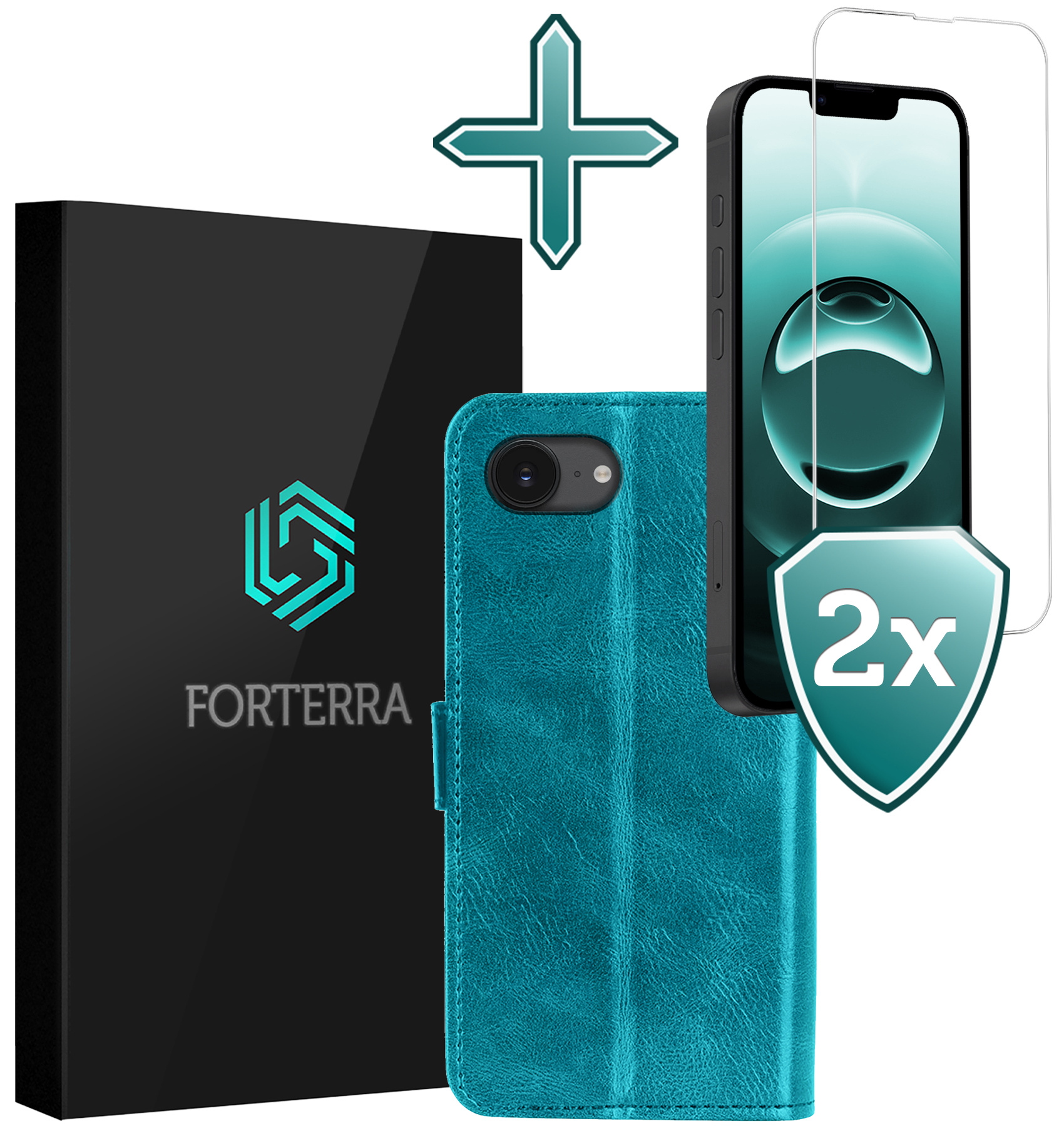 Forterra Forterra iPhone 16E Hoesje Bookcase Met 2x Screenprotector - Turquoise