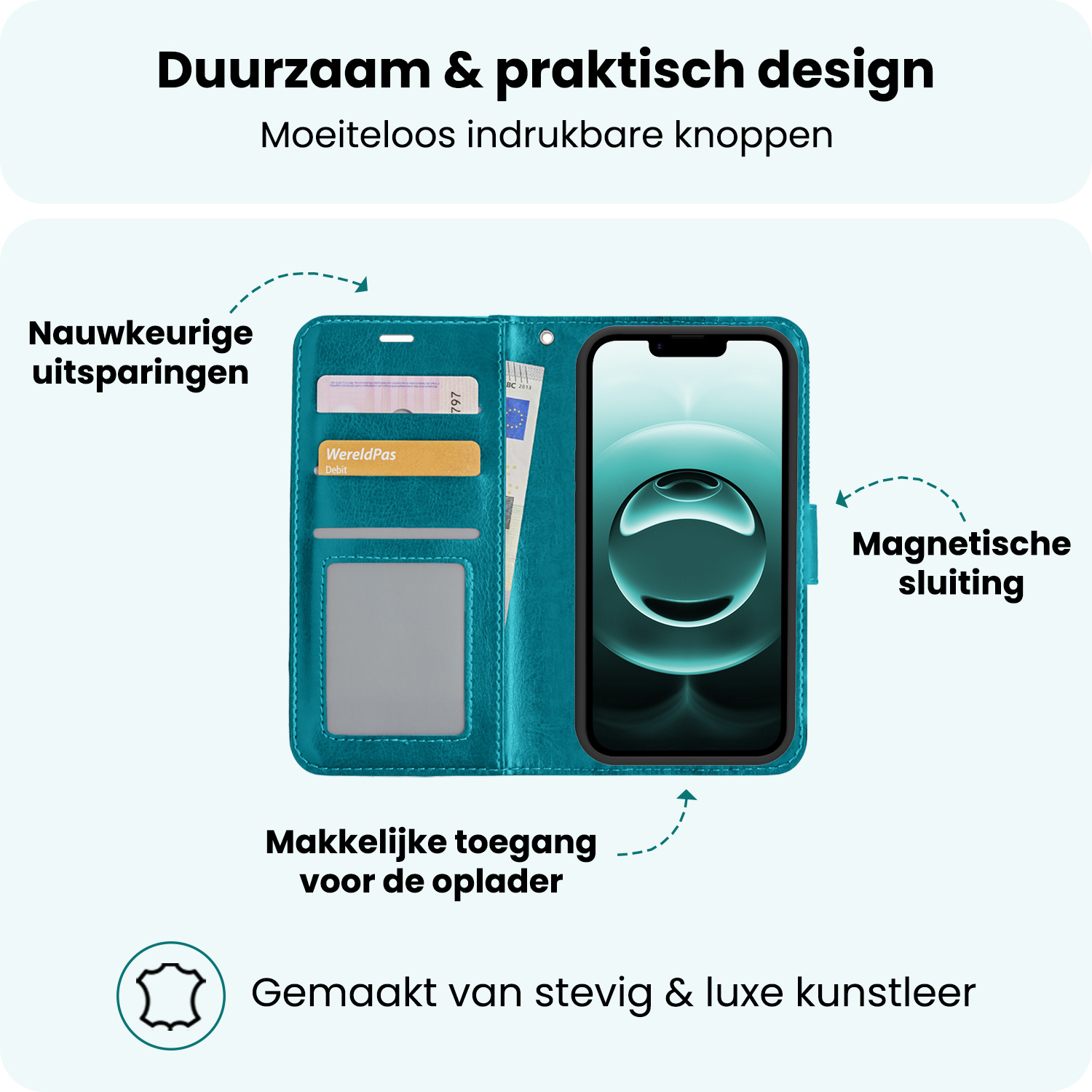 Forterra Forterra iPhone 16E Hoesje Bookcase Met 2x Screenprotector - Turquoise