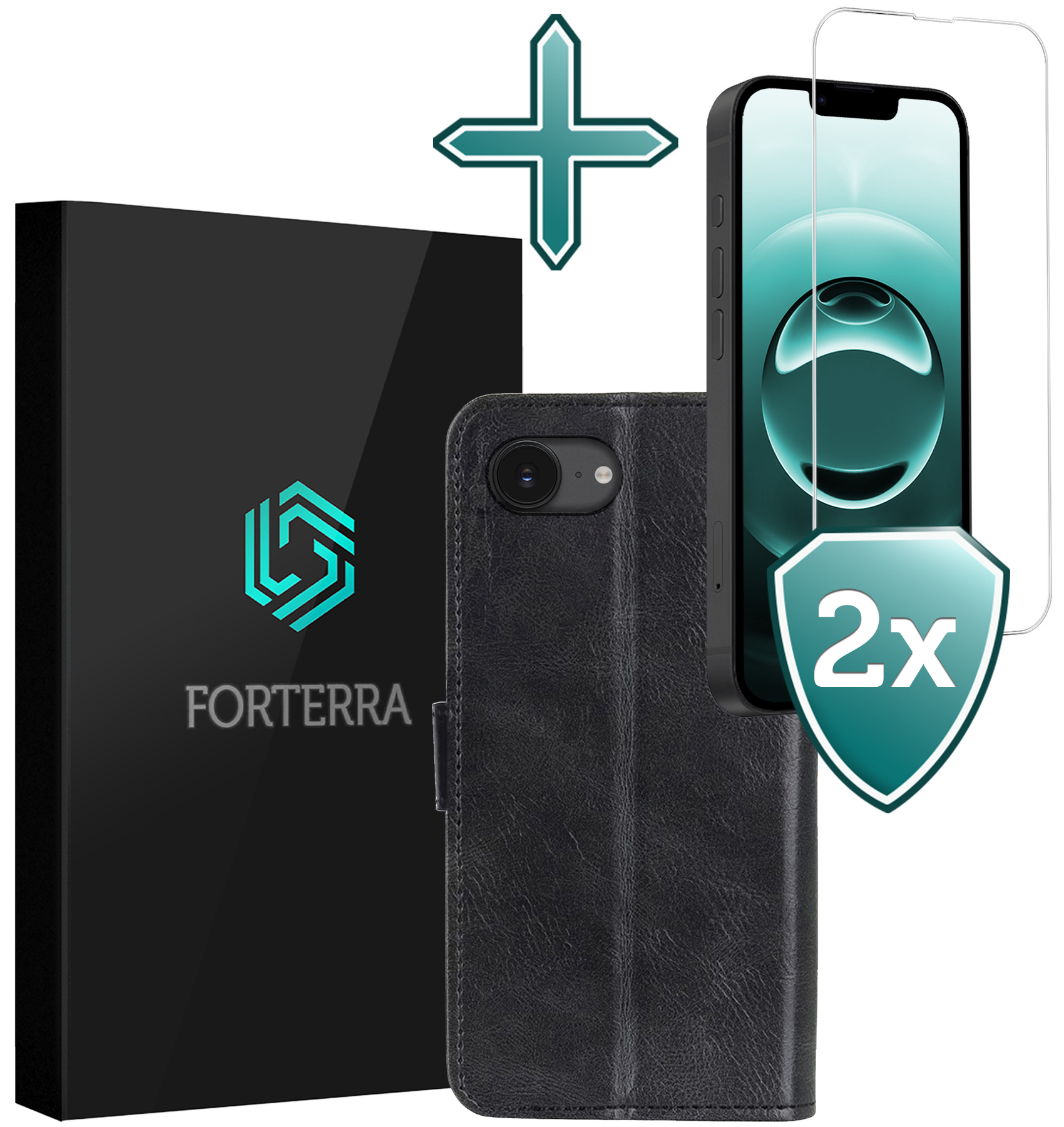 Forterra Forterra iPhone 16E Hoesje Bookcase Met 2x Screenprotector - Zwart