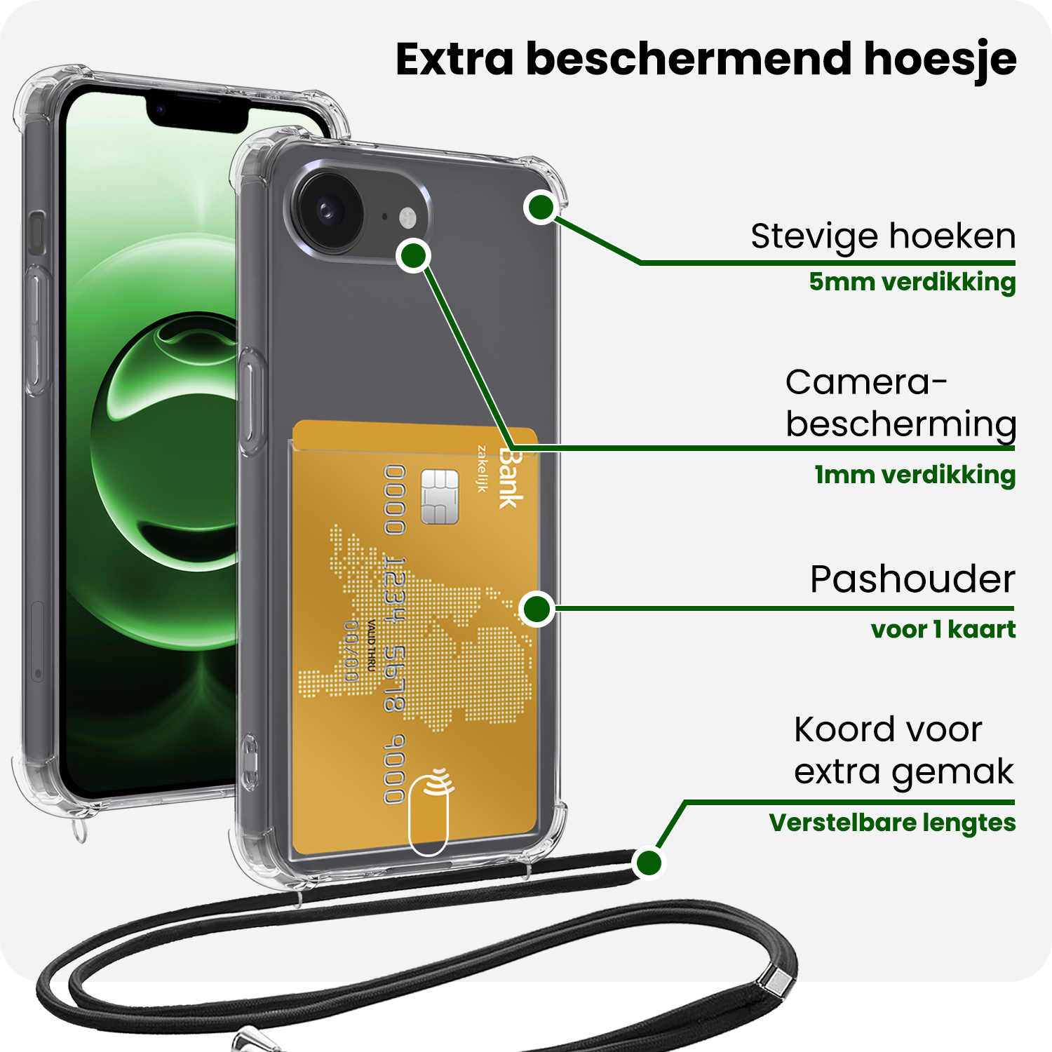 BASEY. BASEY. iPhone 16E Hoesje Pashouder met Koord Met Screenprotector