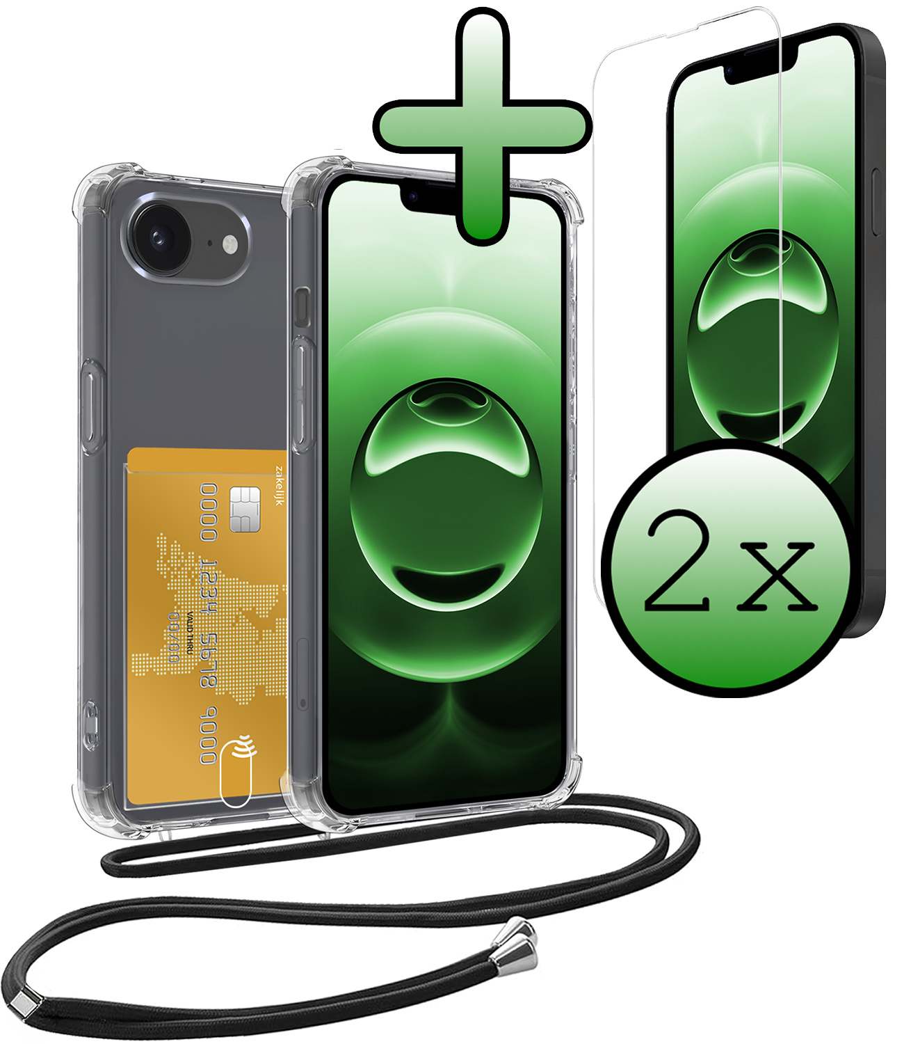 BASEY. BASEY. iPhone 16E Hoesje Pashouder met Koord Met 2x Screenprotector