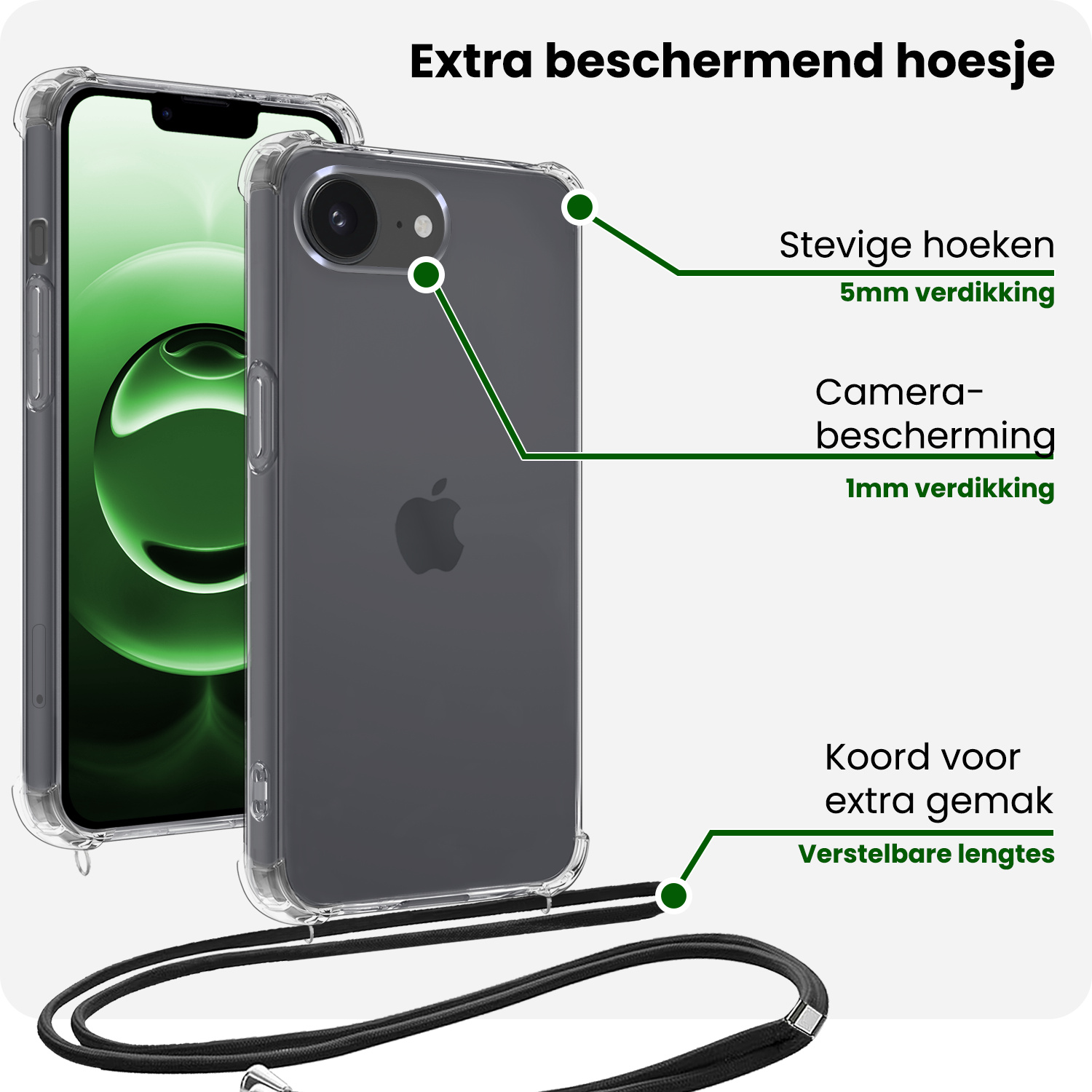 BASEY. BASEY. iPhone 16E Hoesje Transparant Shockproof Met Zwart Koord