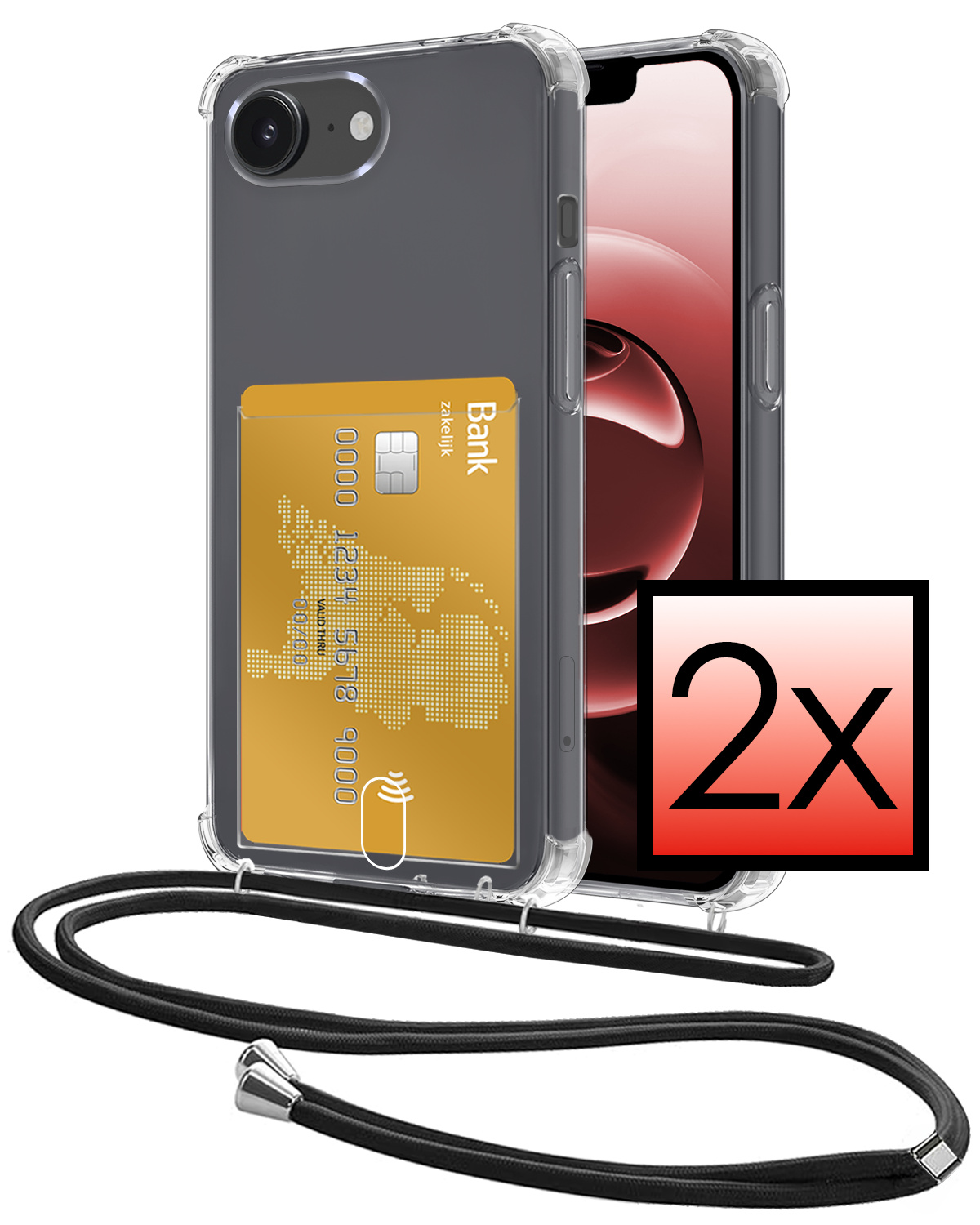 NoXx NoXx iPhone 16E Hoesje Pashouder met Koord - 2 PACK