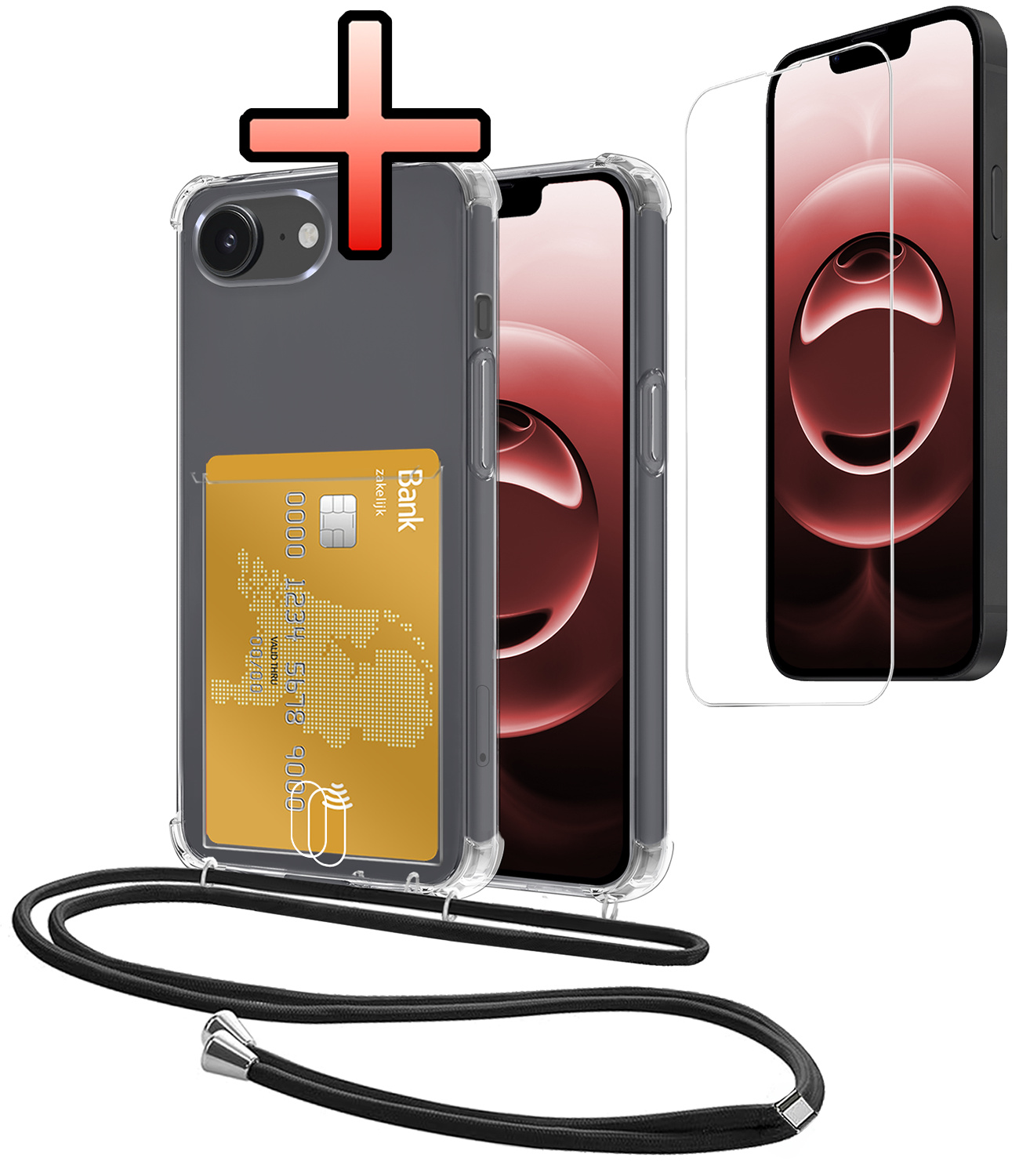 NoXx NoXx iPhone 16E Hoesje Pashouder met Koord Met Screenprotector