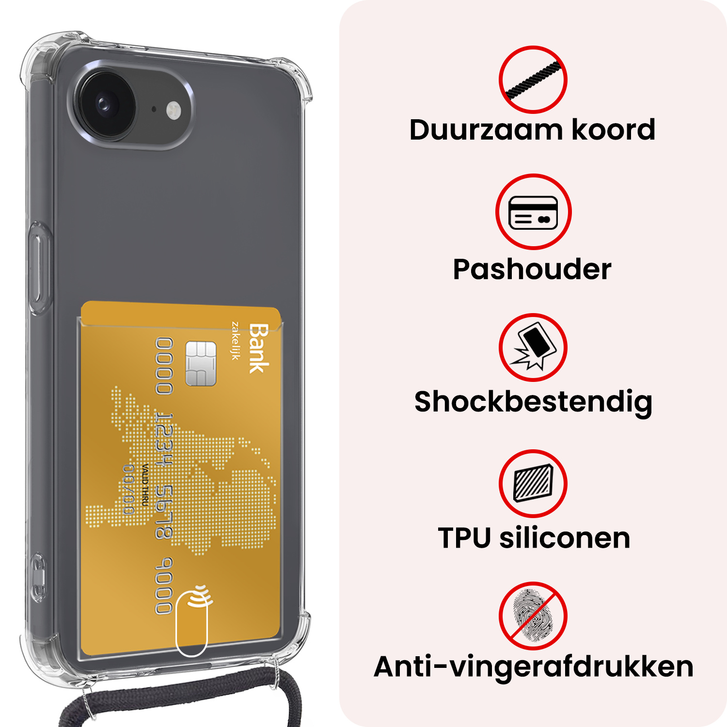 NoXx NoXx iPhone 16E Hoesje Pashouder met Koord Met Screenprotector