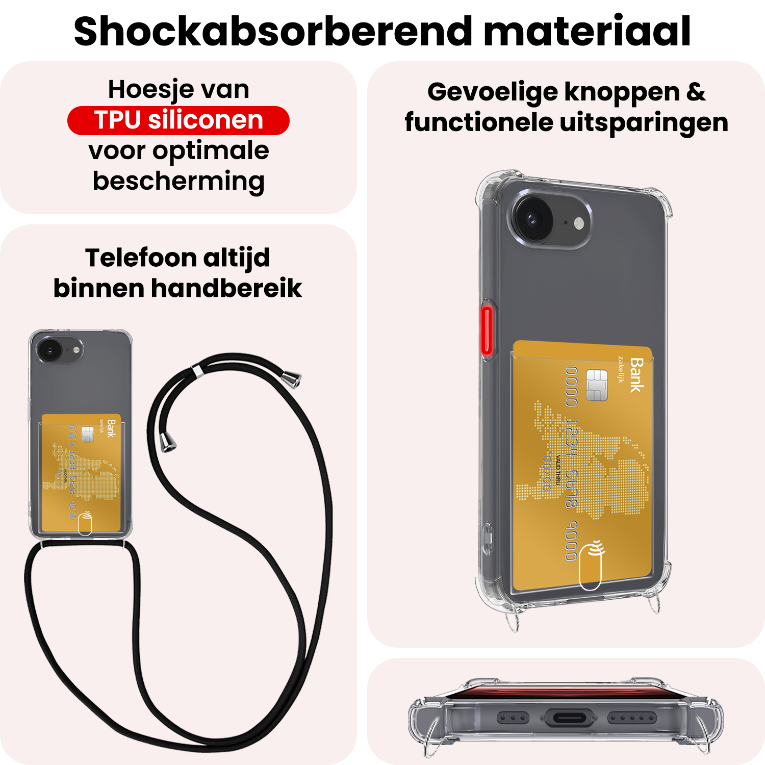 NoXx NoXx iPhone 16E Hoesje Pashouder met Koord Met Screenprotector