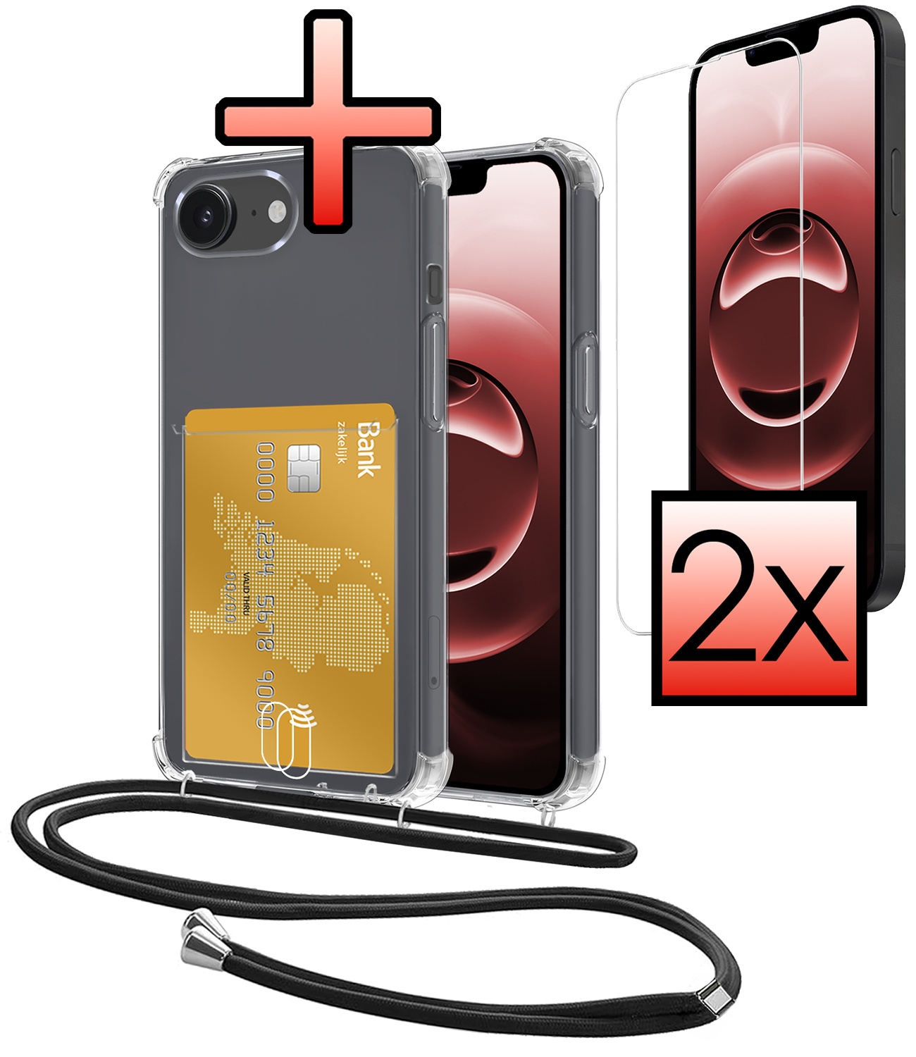 NoXx NoXx iPhone 16E Hoesje Pashouder met Koord Met 2x Screenprotector