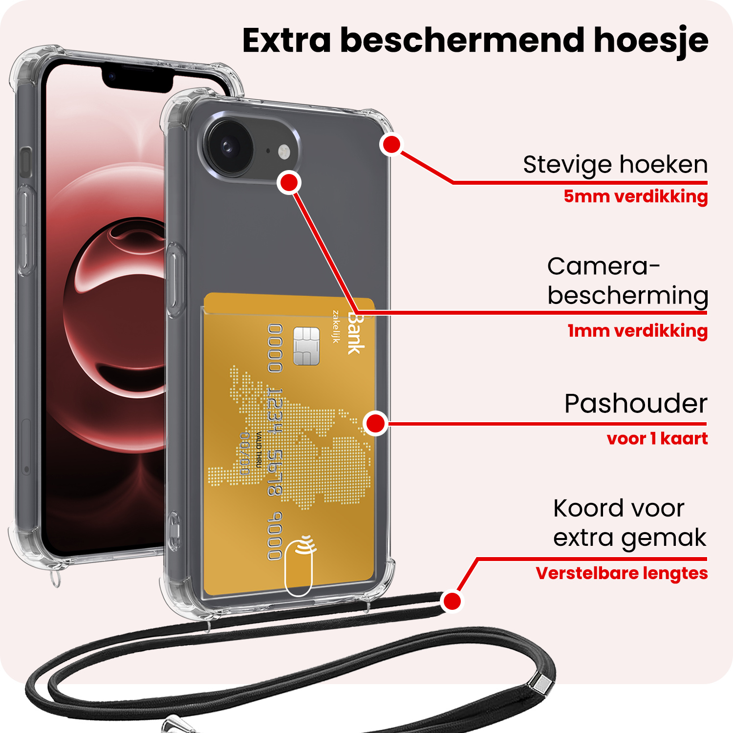 NoXx NoXx iPhone 16E Hoesje Pashouder met Koord Met 2x Screenprotector