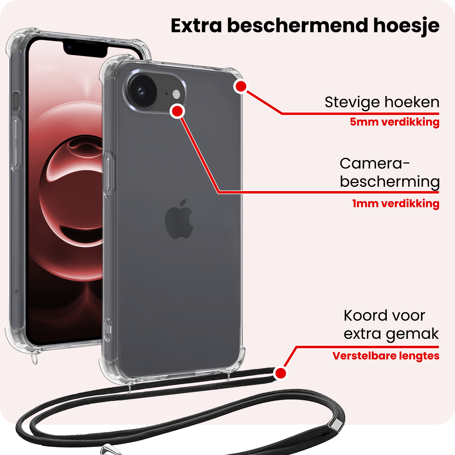 NoXx NoXx iPhone 16E Hoesje Transparant Shockproof Met Zwart Koord
