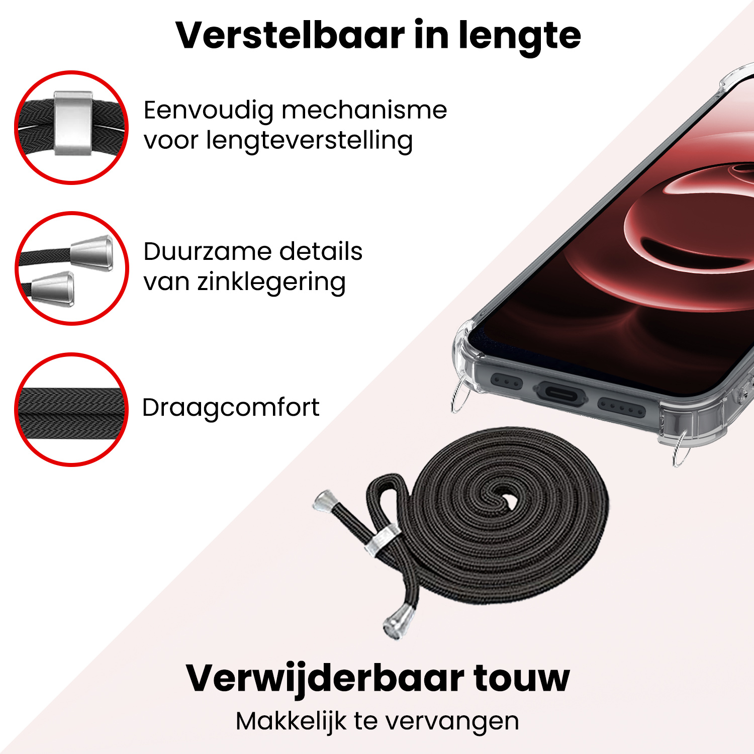 NoXx NoXx iPhone 16E Hoesje Transparant Shockproof Met Zwart Koord