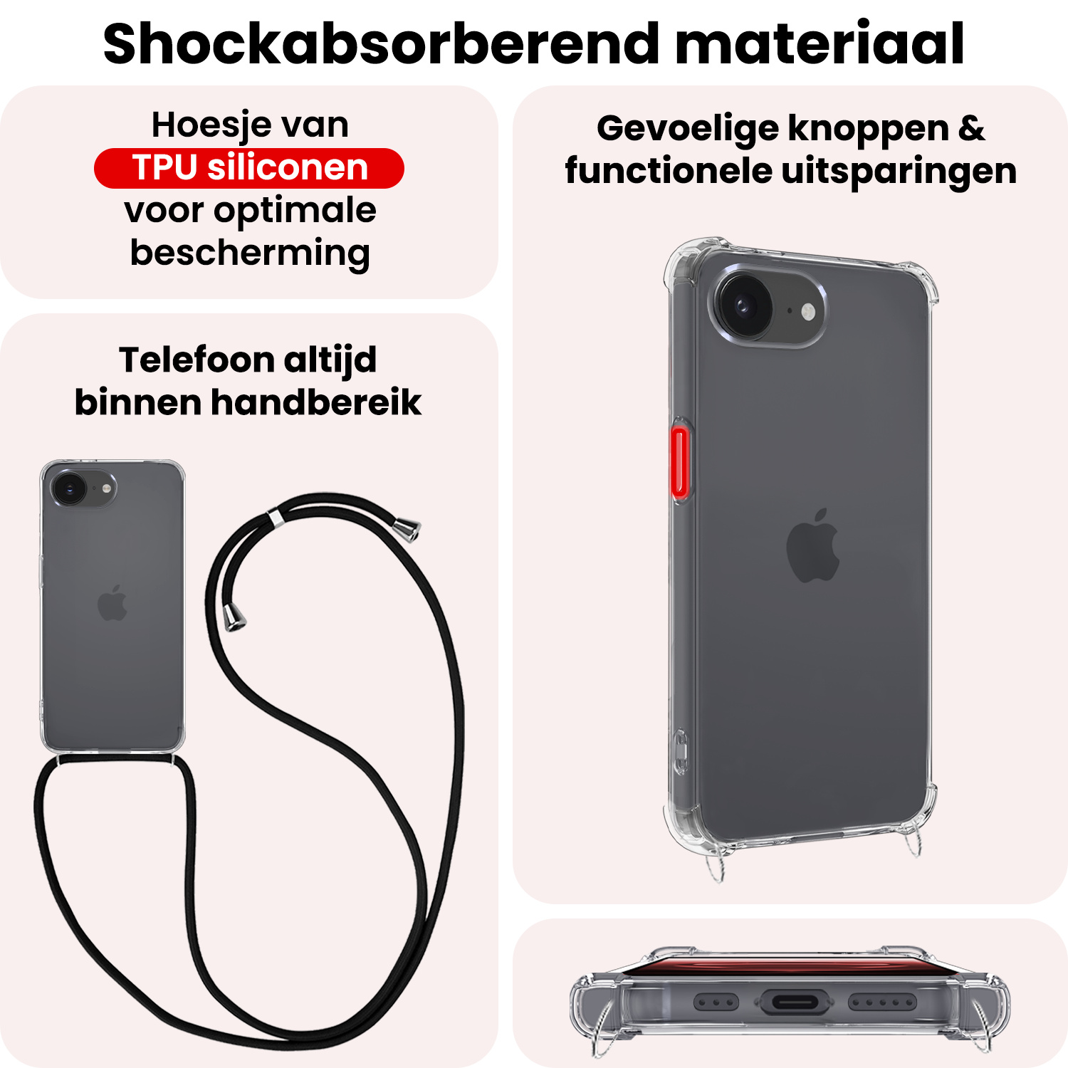 NoXx NoXx iPhone 16E Hoesje Transparant Shockproof Met Zwart Koord