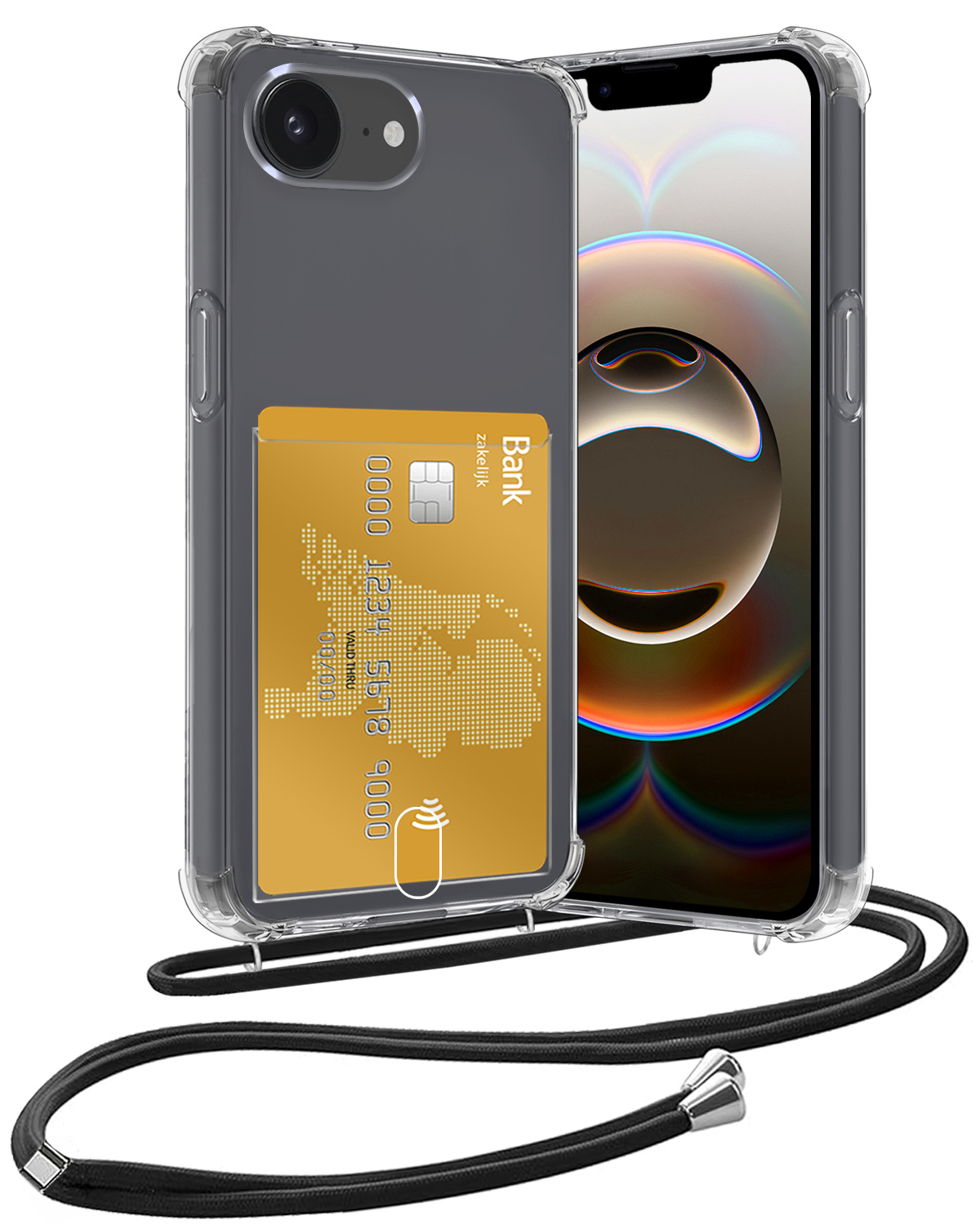 Nomfy Nomfy iPhone 16E Hoesje Pashouder met Koord