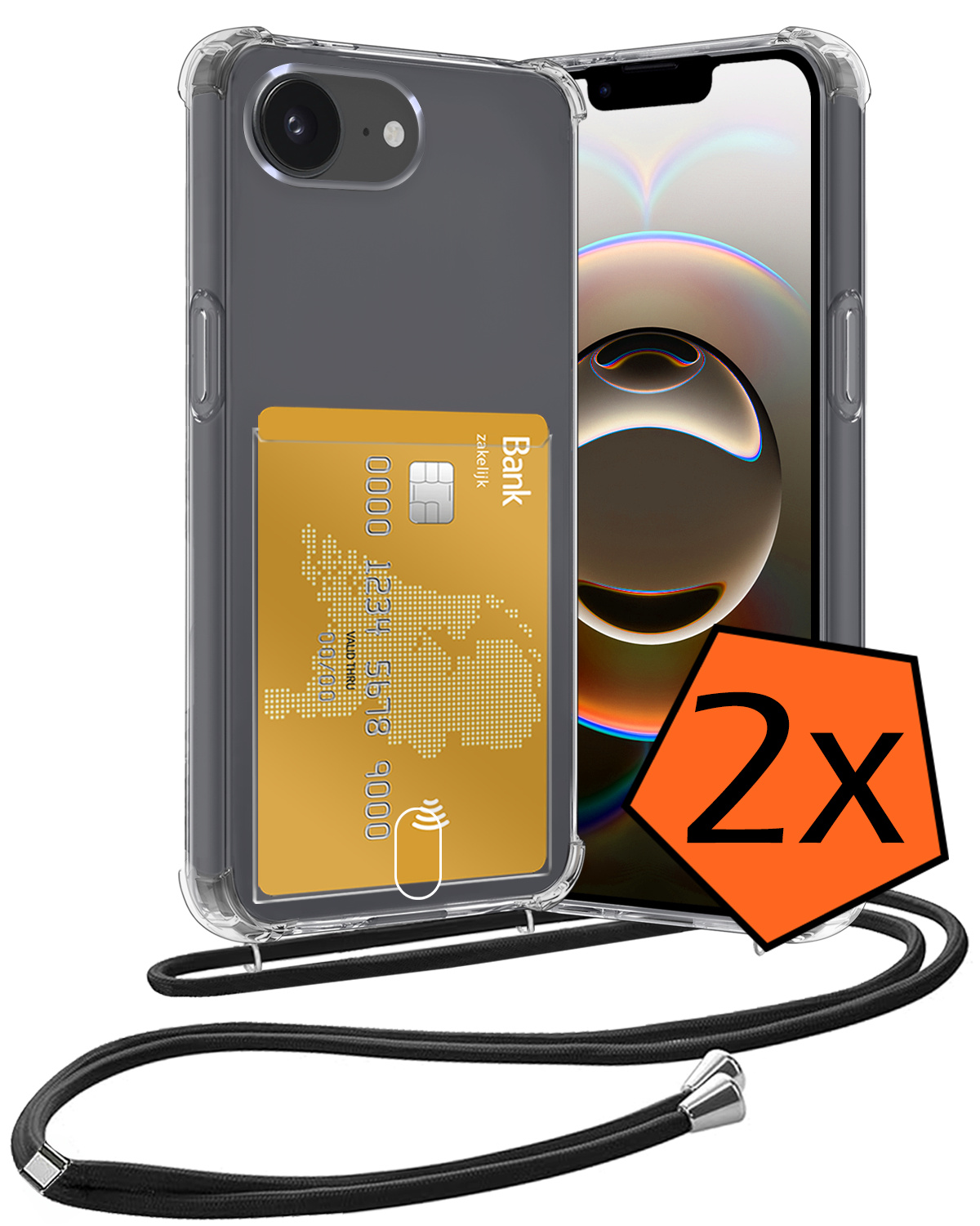 Nomfy Nomfy iPhone 16E Hoesje Pashouder met Koord - 2 PACK