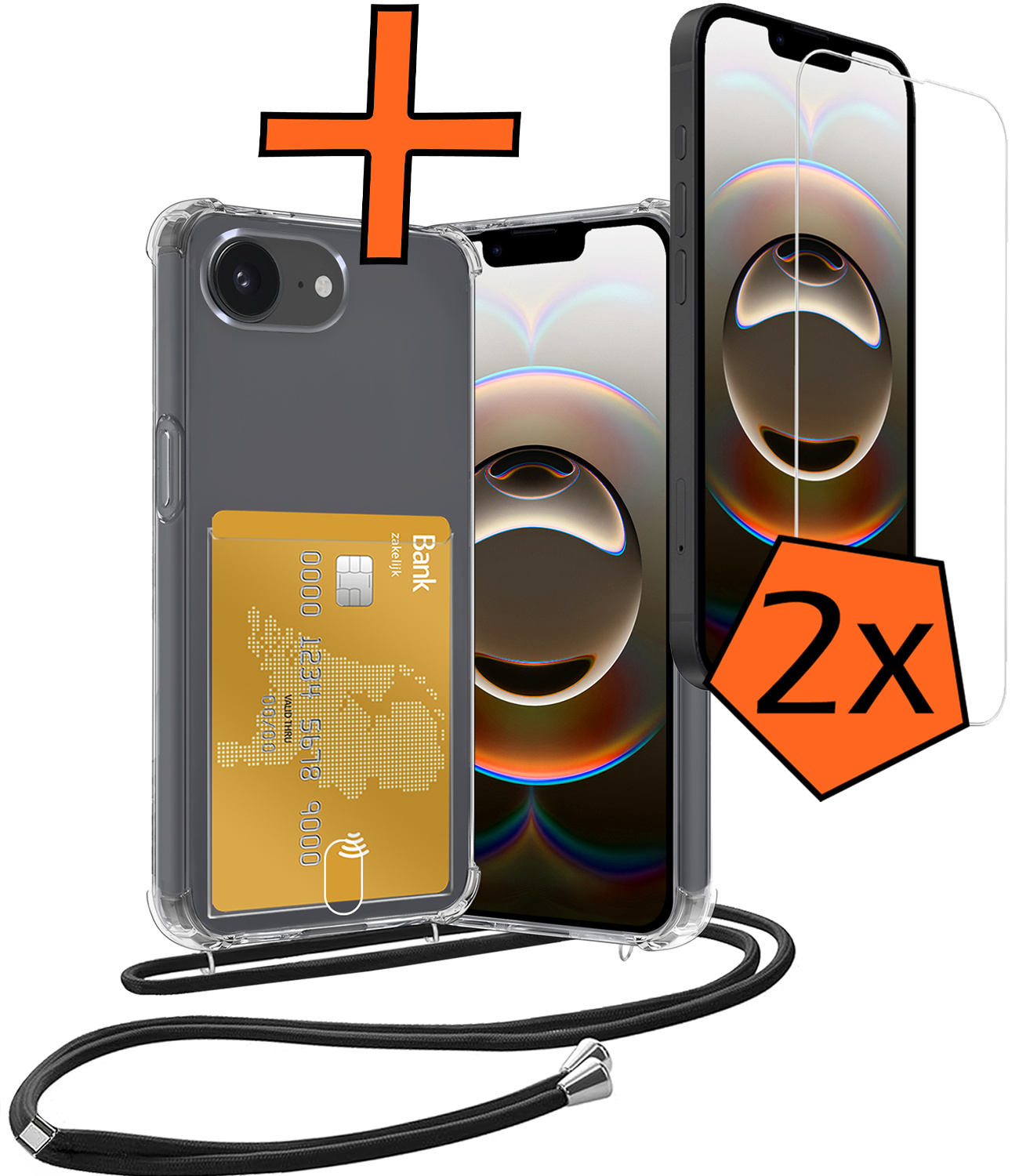 Nomfy Nomfy iPhone 16E Hoesje Pashouder met Koord Met 2x Screenprotector