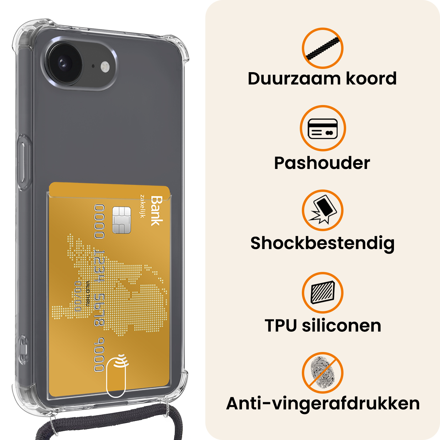 Nomfy Nomfy iPhone 16E Hoesje Pashouder met Koord Met 2x Screenprotector