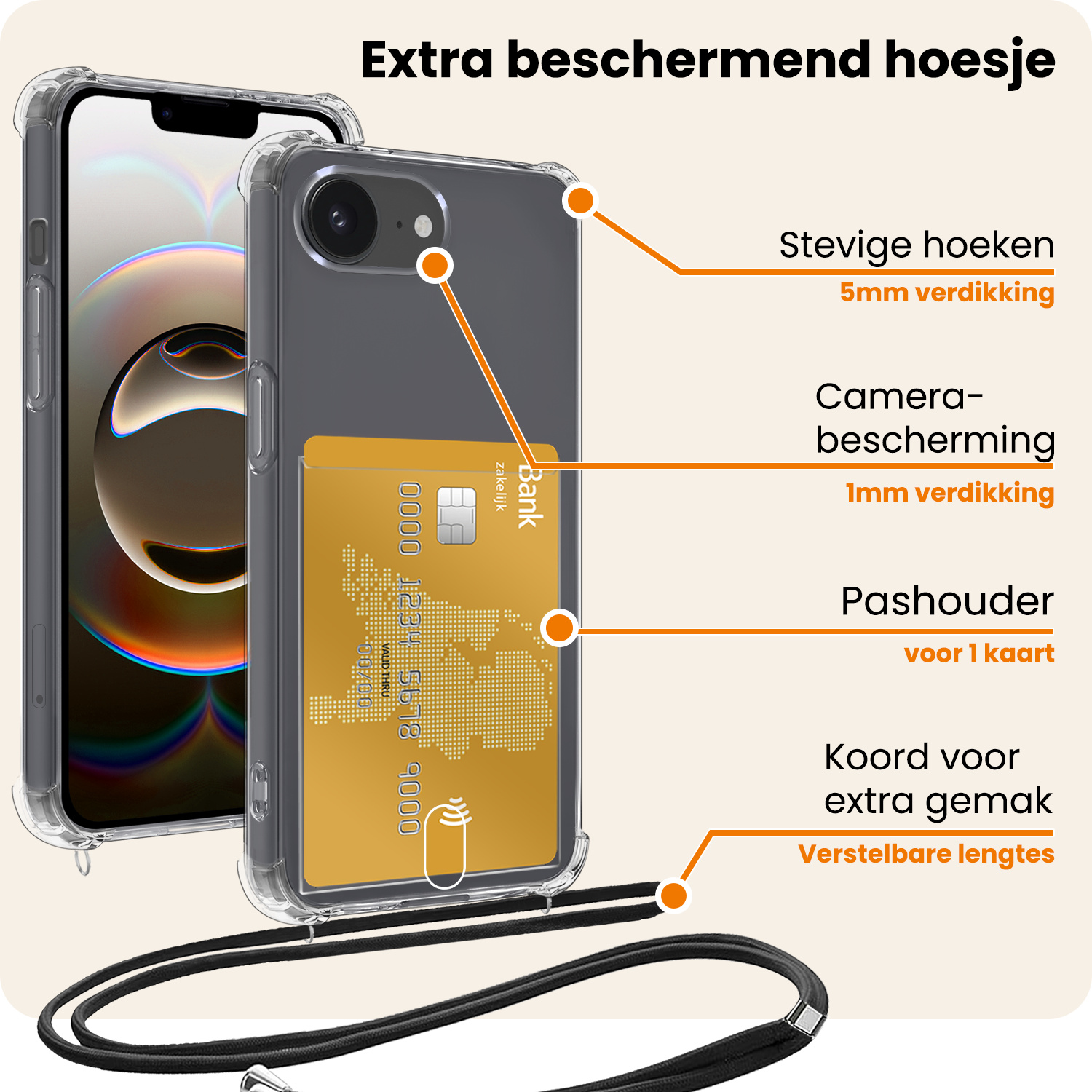 Nomfy Nomfy iPhone 16E Hoesje Pashouder met Koord Met 2x Screenprotector