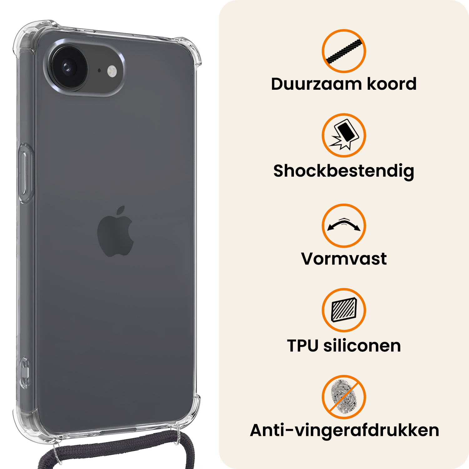 Nomfy Nomfy iPhone 16E Hoesje Transparant Shockproof Met Zwart Koord