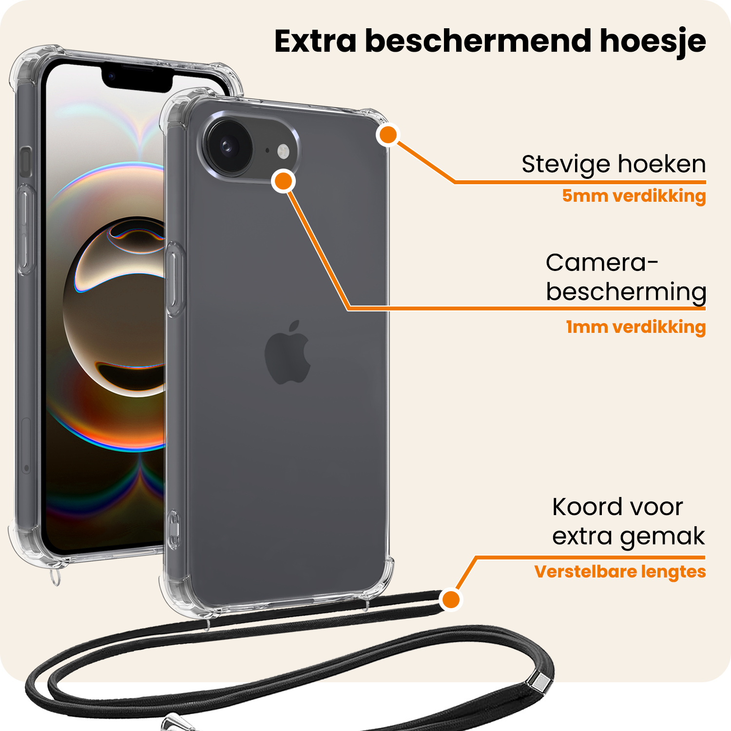 Nomfy Nomfy iPhone 16E Hoesje Transparant Shockproof Met Zwart Koord