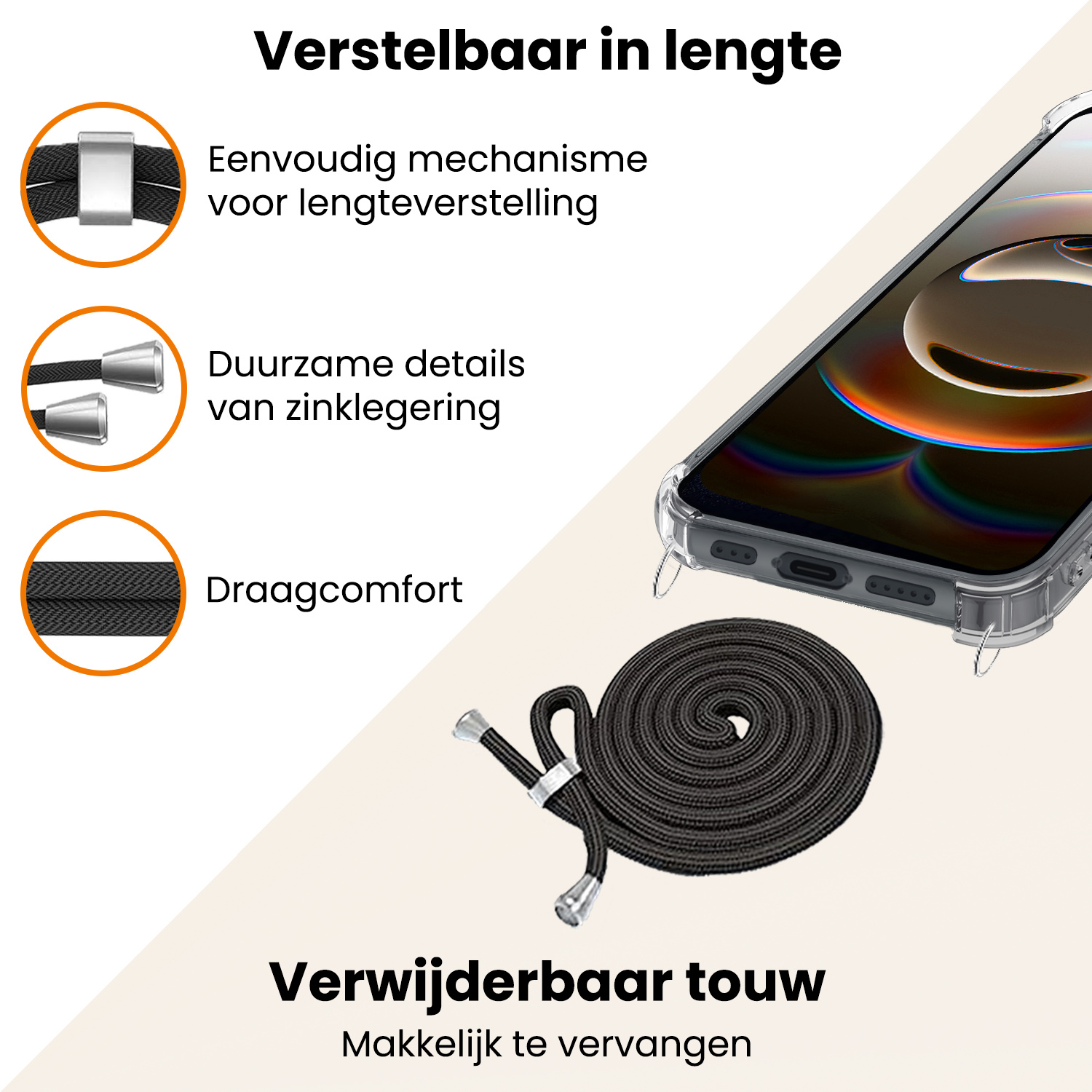 Nomfy Nomfy iPhone 16E Hoesje Transparant Shockproof Met Zwart Koord