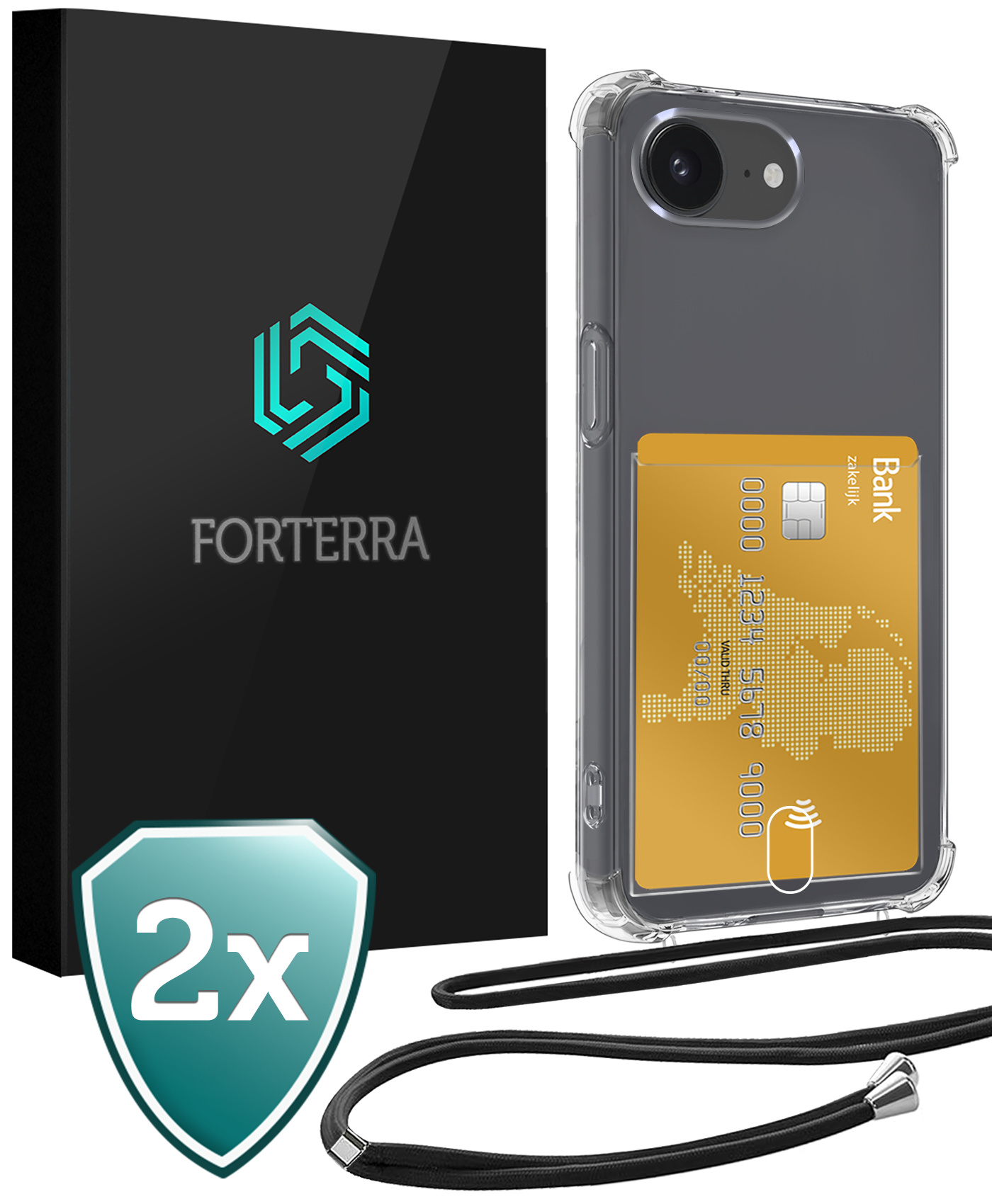 Forterra Forterra iPhone 16E Hoesje Pashouder met Koord - 2 PACK