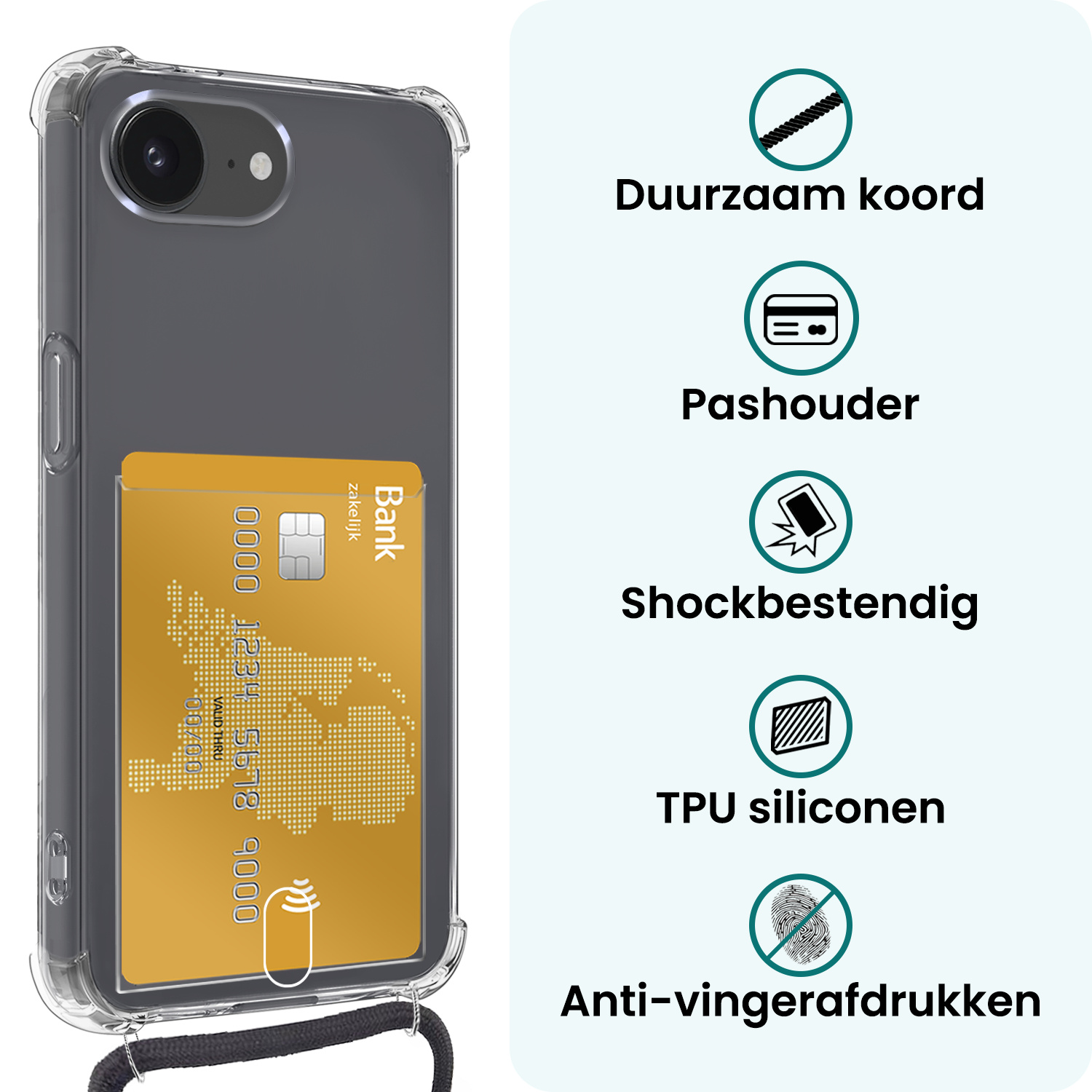 Forterra Forterra iPhone 16E Hoesje Pashouder met Koord Met Screenprotector