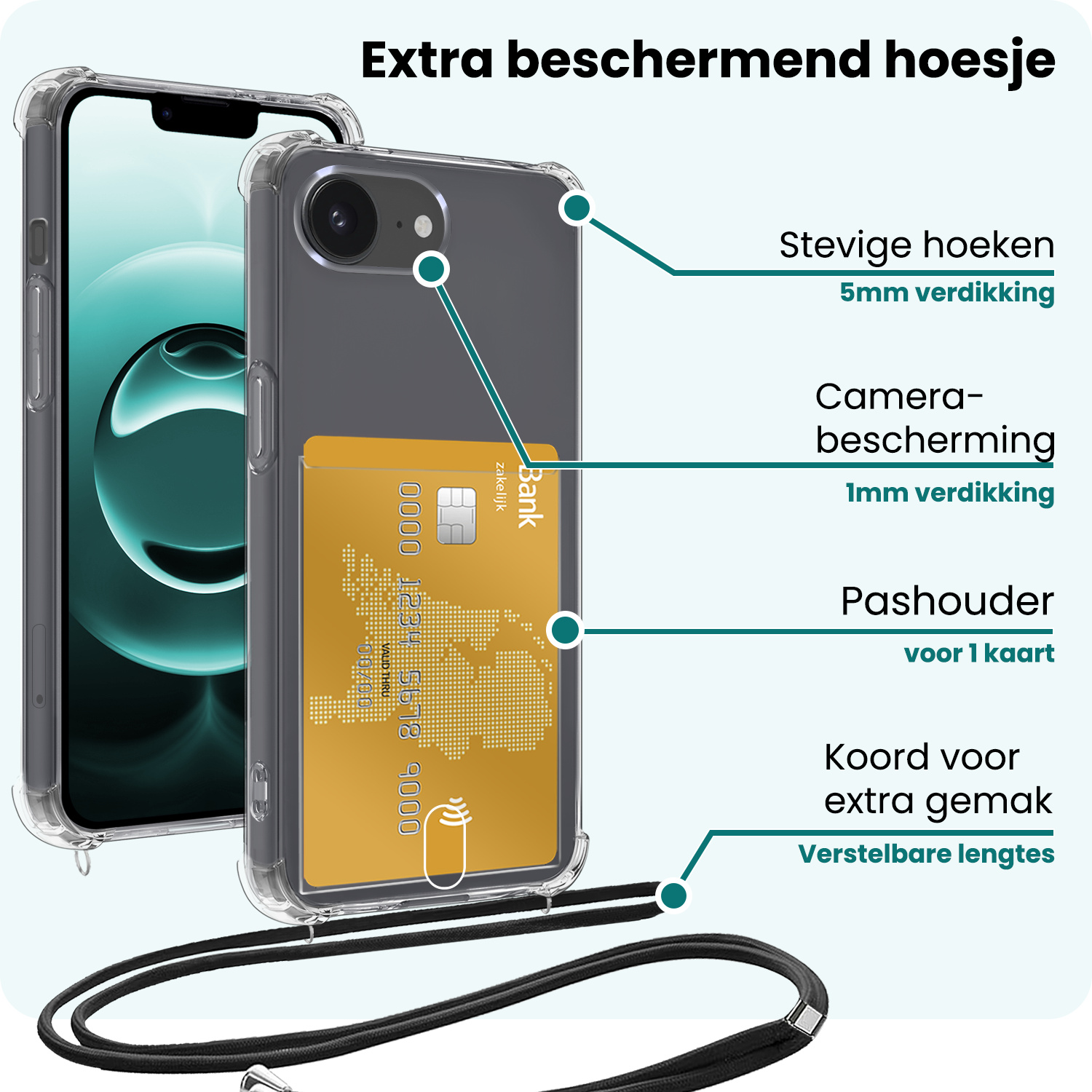 Forterra Forterra iPhone 16E Hoesje Pashouder met Koord Met Screenprotector