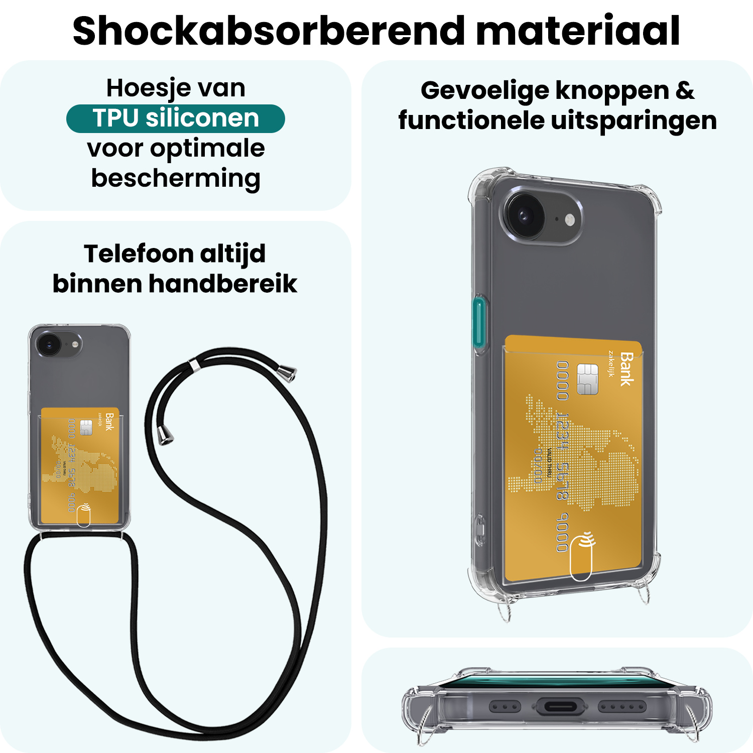 Forterra Forterra iPhone 16E Hoesje Pashouder met Koord Met Screenprotector