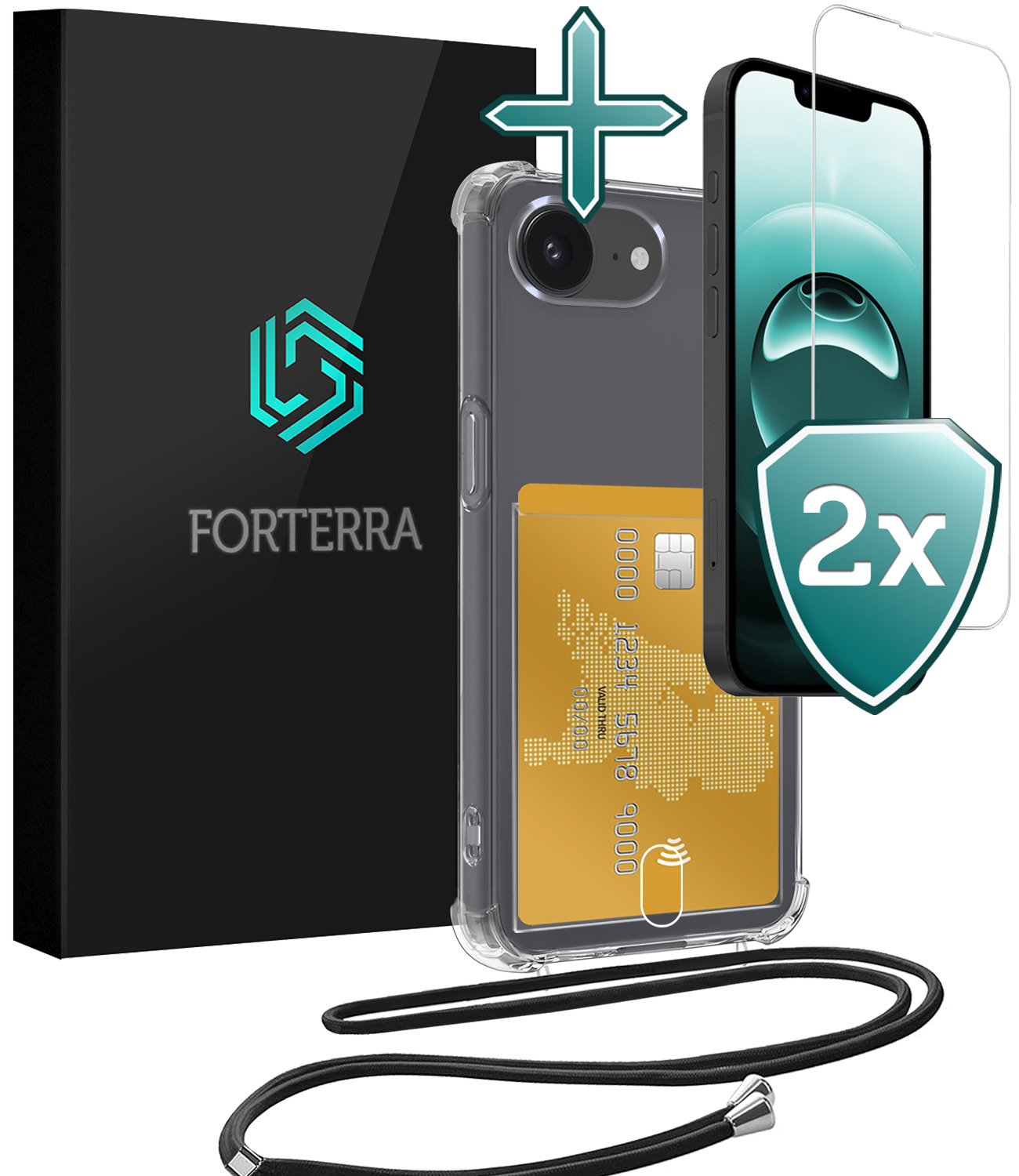 Forterra Forterra iPhone 16E Hoesje Pashouder met Koord Met 2x Screenprotector