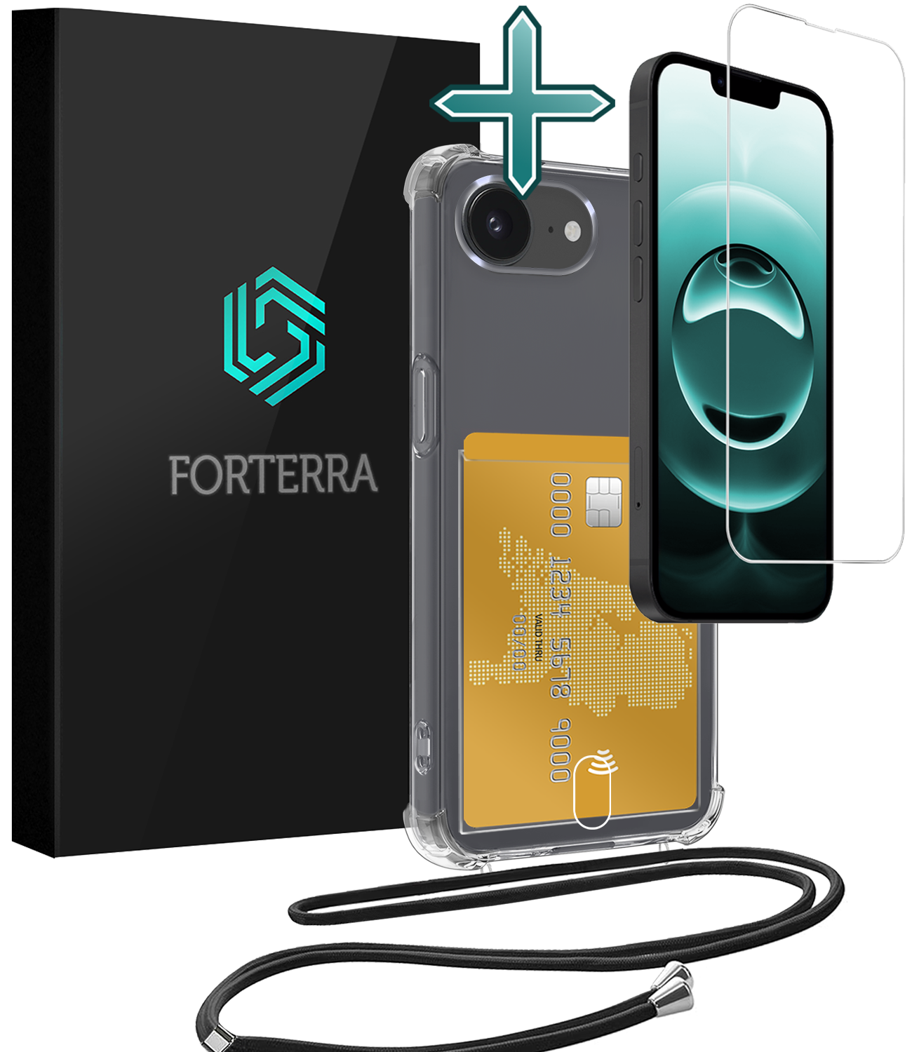 Forterra Forterra iPhone 16E Hoesje Pashouder met Koord Met Screenprotector