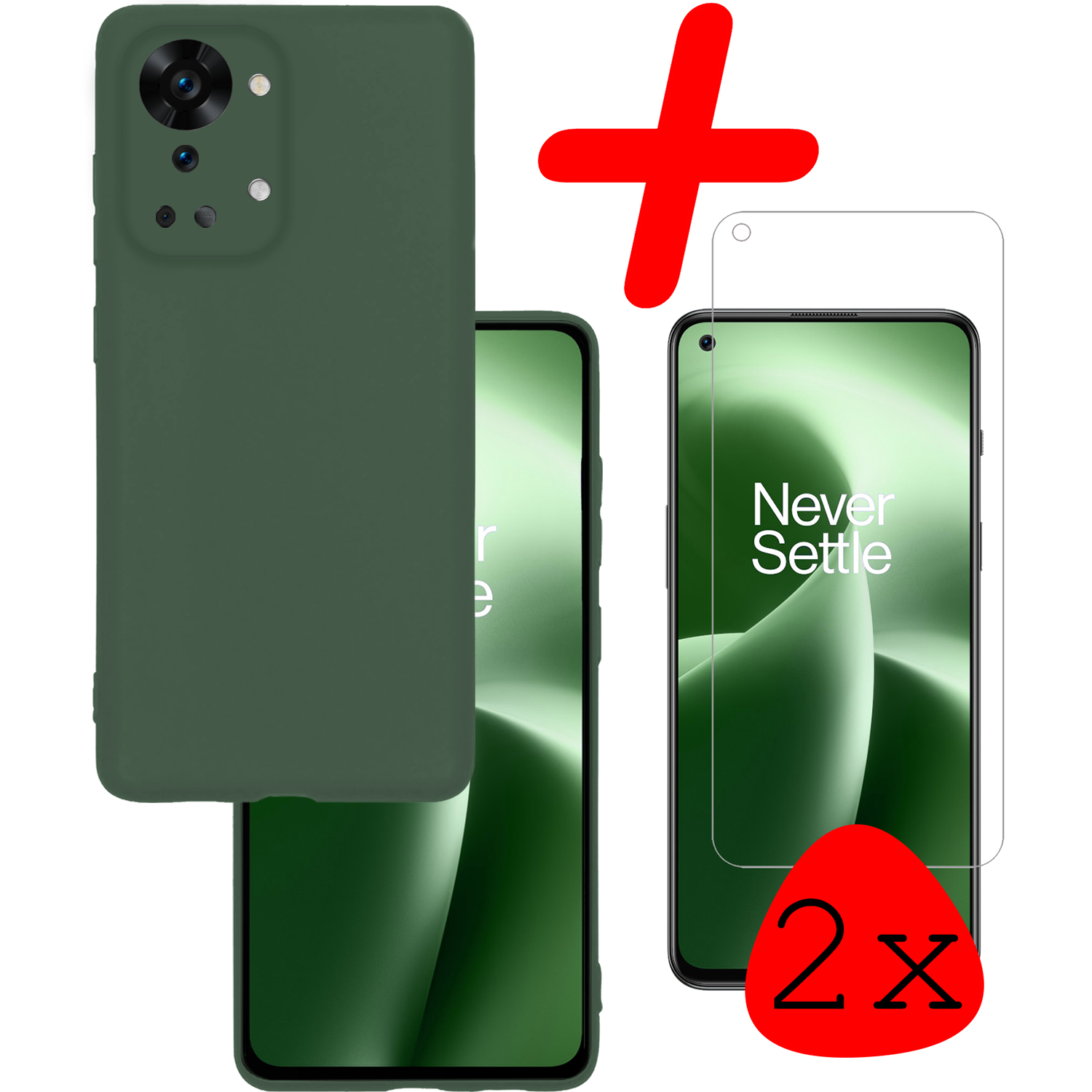 BASEY. BASEY. OnePlus Nord 2T Hoesje Siliconen Met 2x Screenprotector - Donkergroen