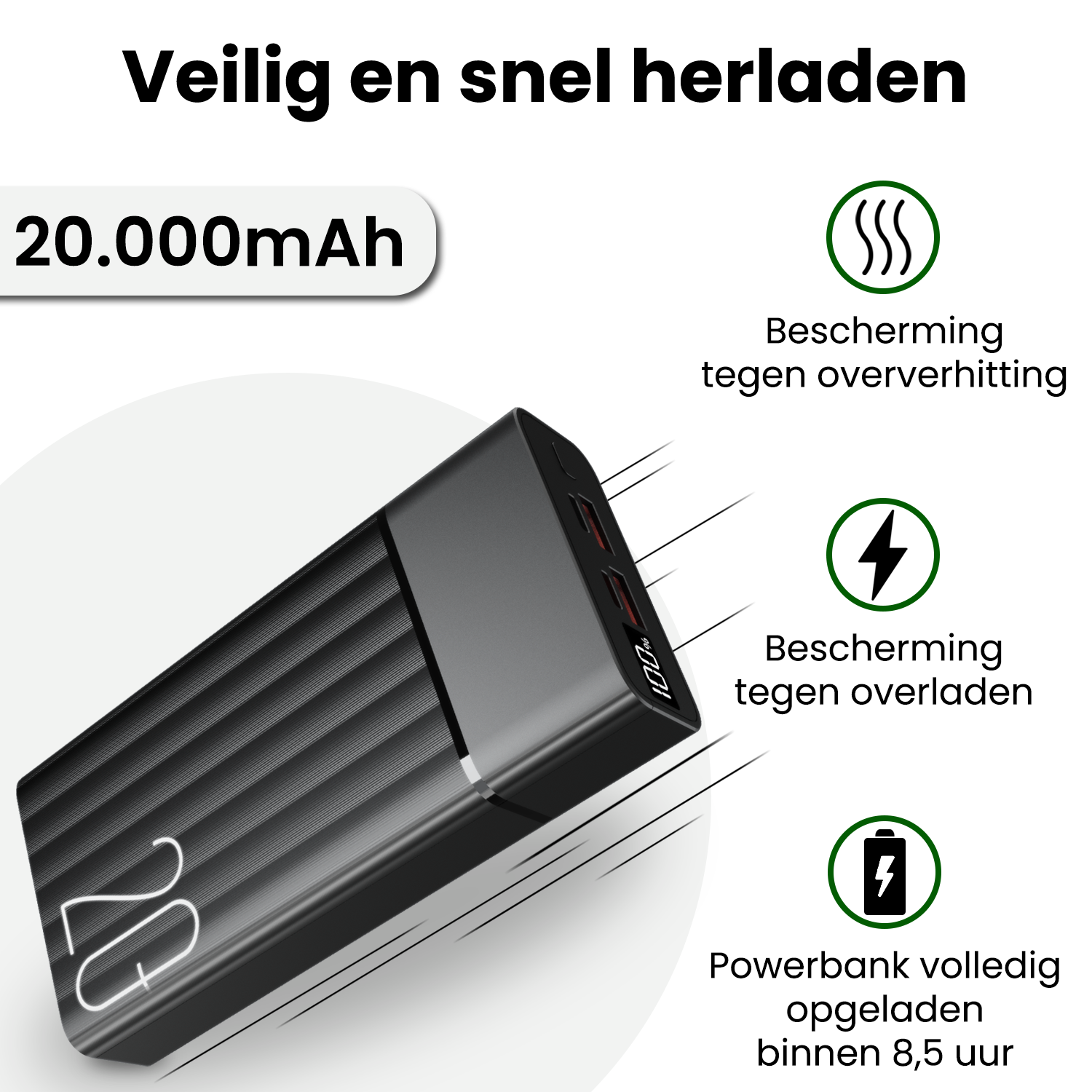 BASEY. BASEY. Powerbank 20000 mAh - USB C & USB A - Snellader 22.5W - Inclusief Laadkabel - LED Display - Noodpakket Power Delivery - Zwart