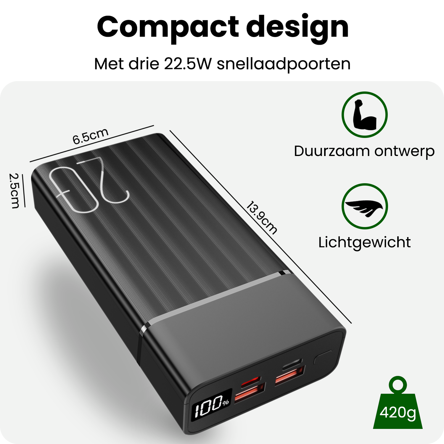 BASEY. BASEY. Powerbank 20000 mAh - USB C & USB A - Snellader 22.5W - Inclusief 60W Laadkabel 1,5m - LED Display - Noodpakket Power Delivery - Zwart