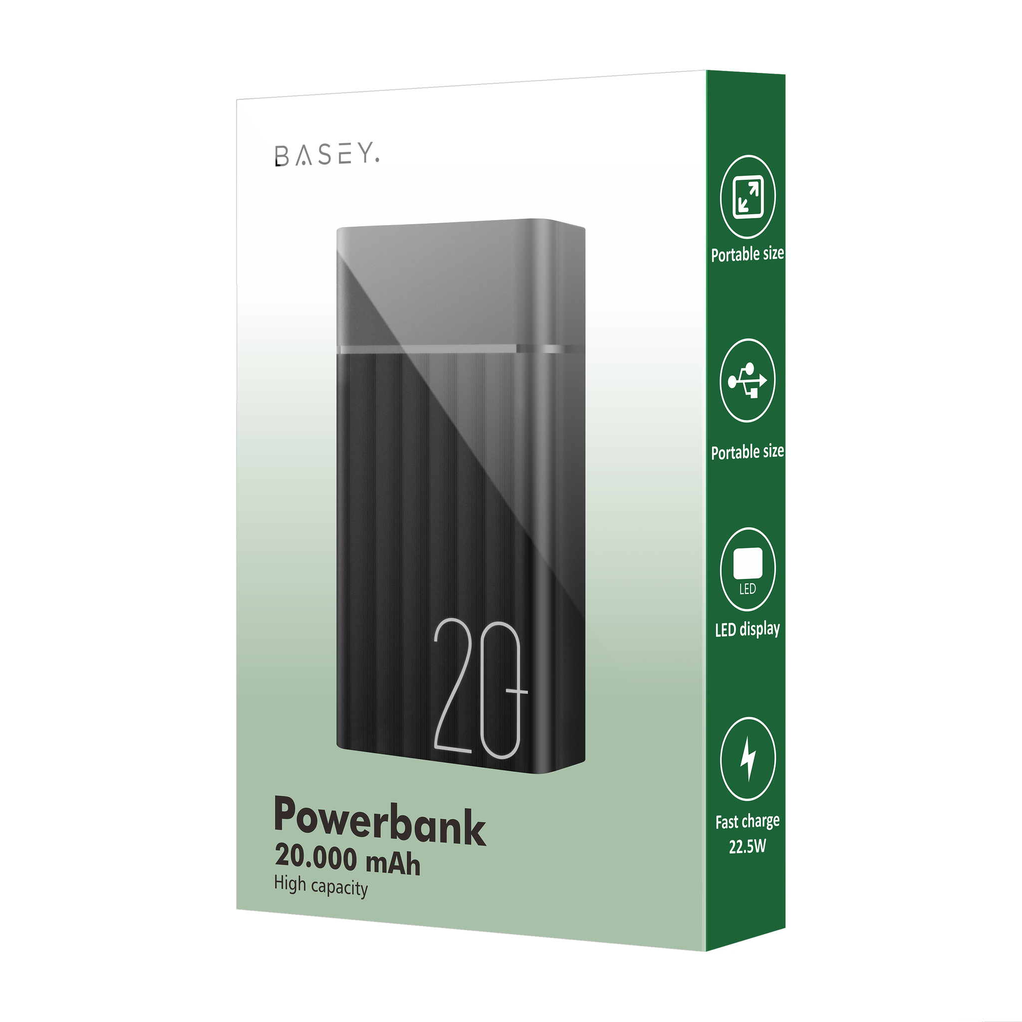BASEY. BASEY. Powerbank 20000 mAh - USB C & USB A - Snellader 22.5W - Inclusief 60W Laadkabel 1,5m - LED Display - Noodpakket Power Delivery - Zwart