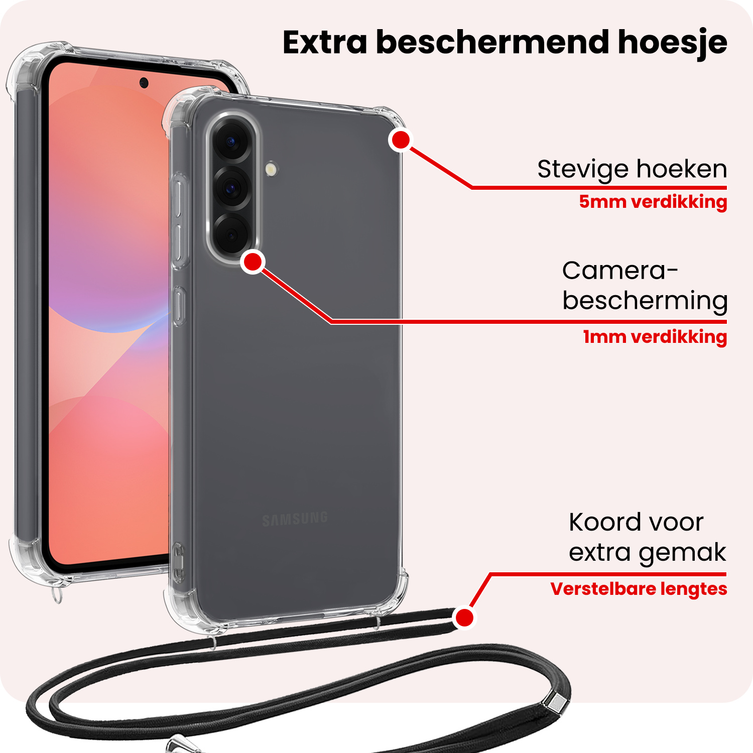 NoXx NoXx Samsung Galaxy A36 Hoesje Transparant Shockproof Met Zwart Koord
