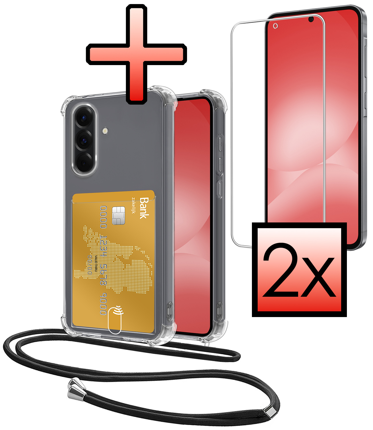 NoXx NoXx Samsung Galaxy A56 Hoesje Pashouder met Koord Met 2x Screenprotector