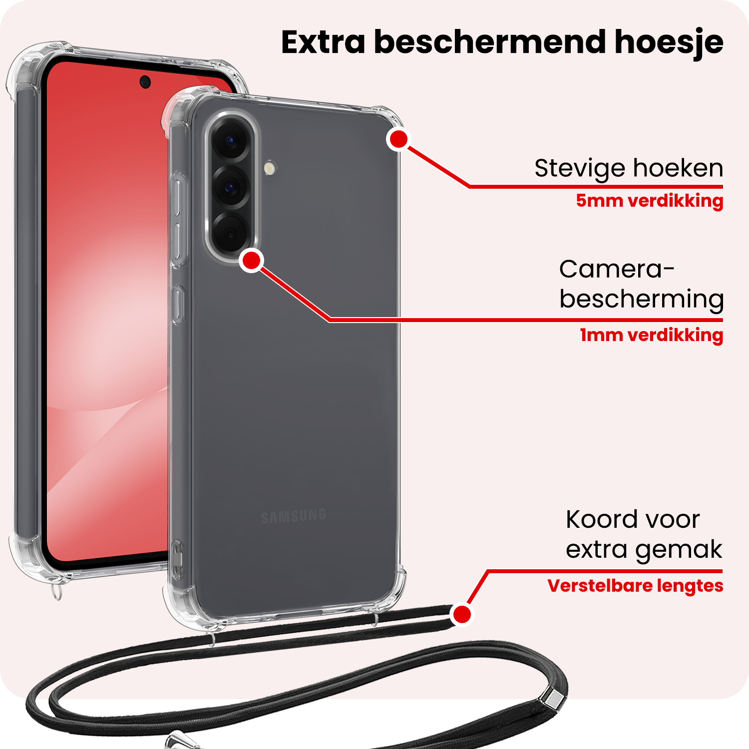 NoXx NoXx Samsung Galaxy A56 Hoesje Transparant Shockproof Met Zwart Koord