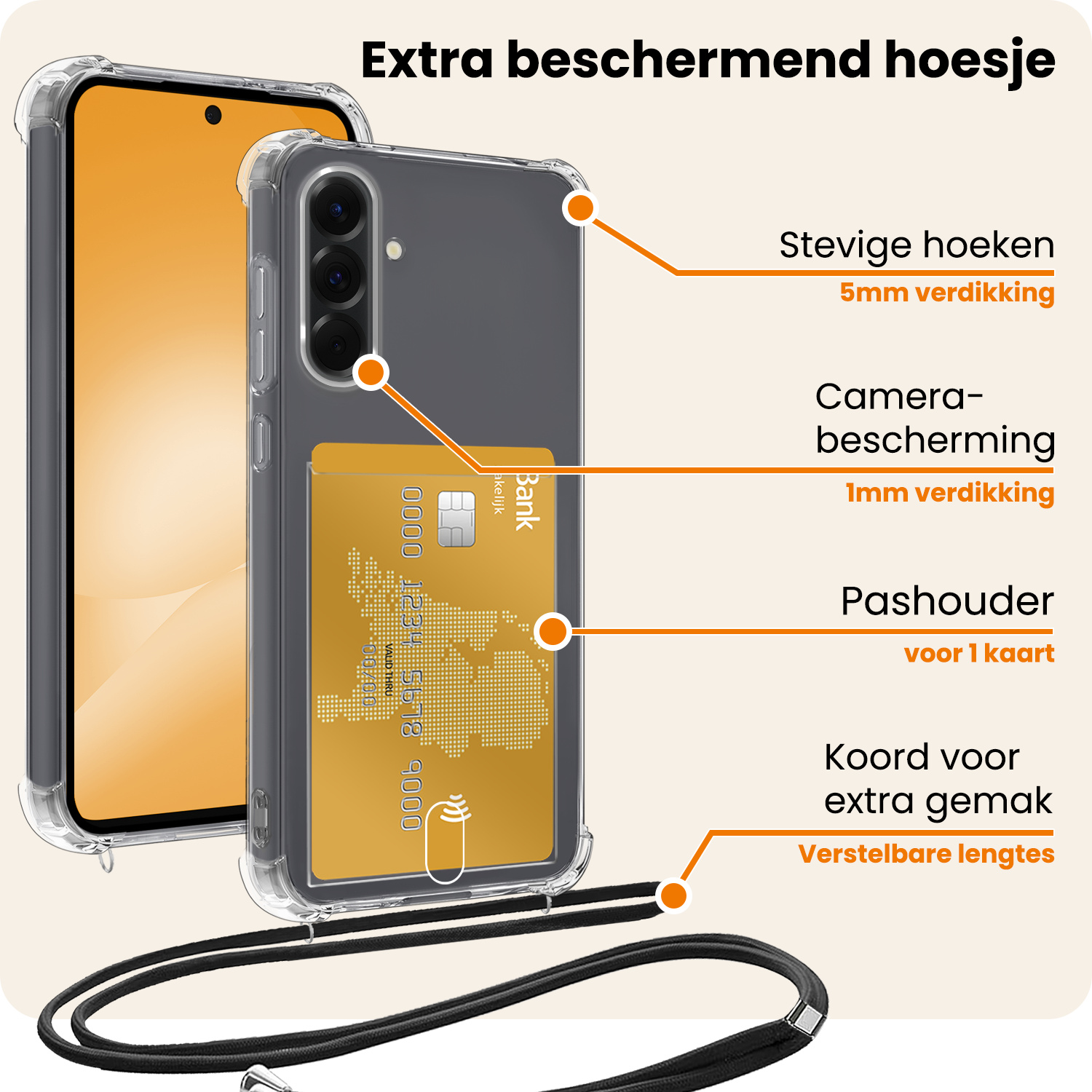 Nomfy Nomfy Samsung Galaxy A56 Hoesje Pashouder met Koord Met Screenprotector