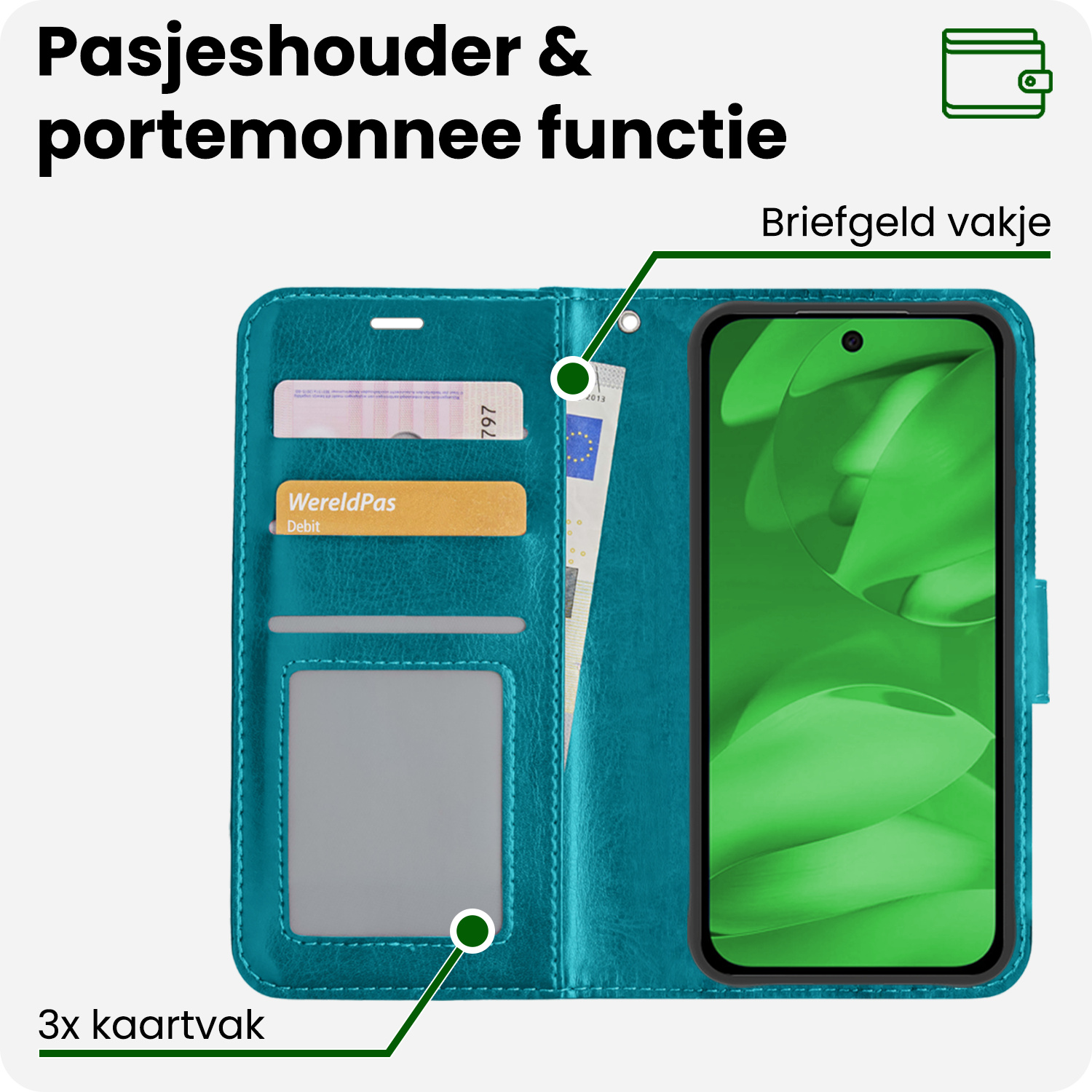 BASEY. BASEY. Google Pixel 9a Hoesje Bookcase Met Screenprotector - Turquoise