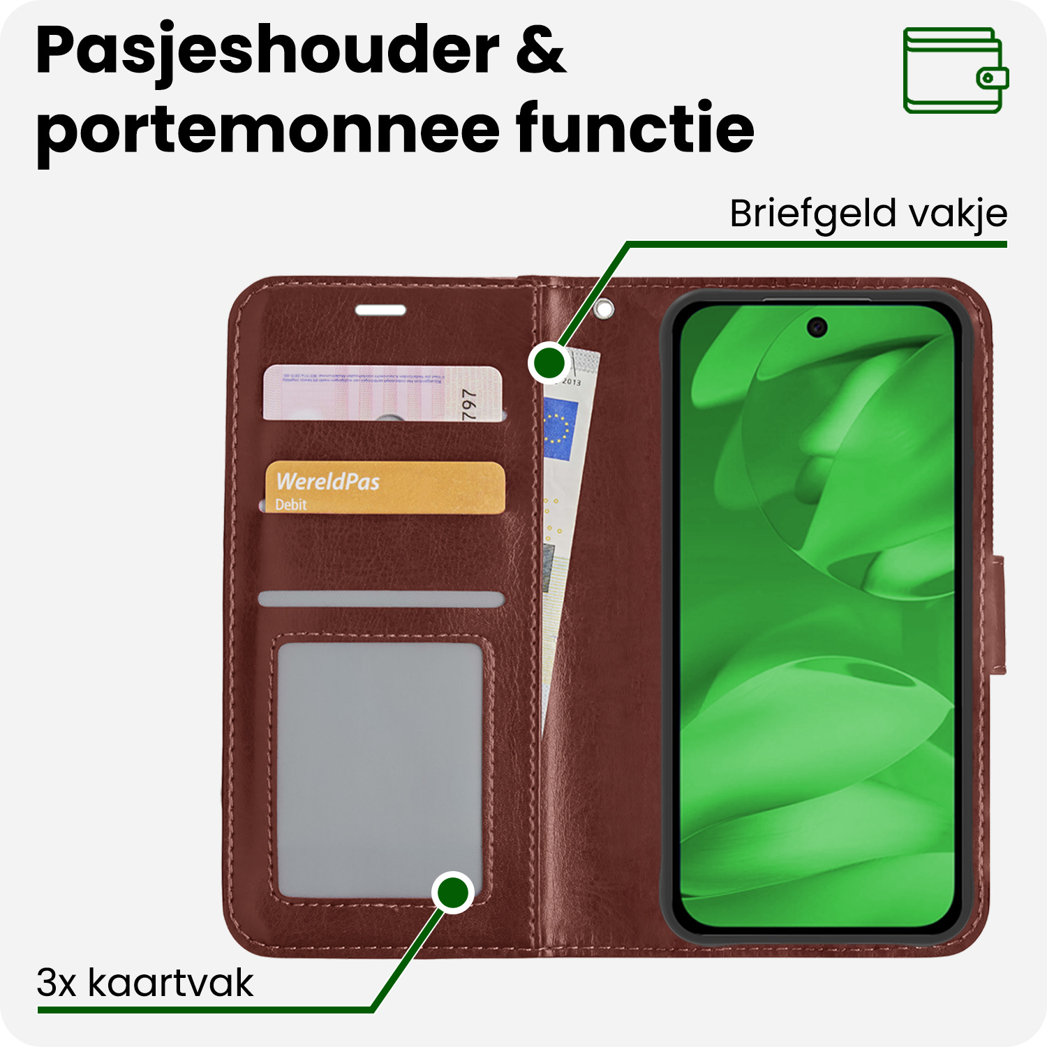 BASEY. BASEY. Google Pixel 9a Hoesje Bookcase Met 2x Screenprotector - Bruin