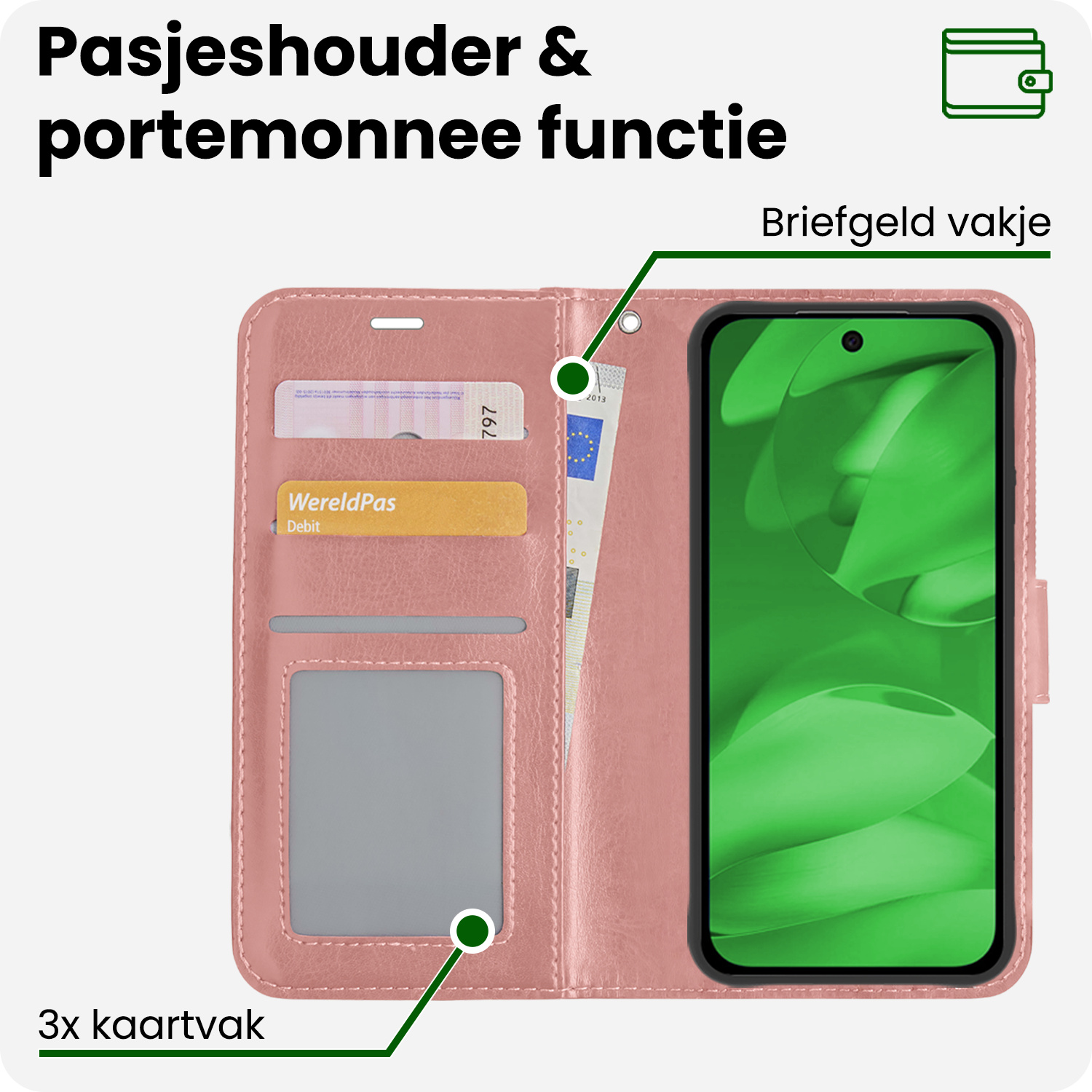 BASEY. BASEY. Google Pixel 9a Hoesje Bookcase Met 2x Screenprotector - Rose Goud