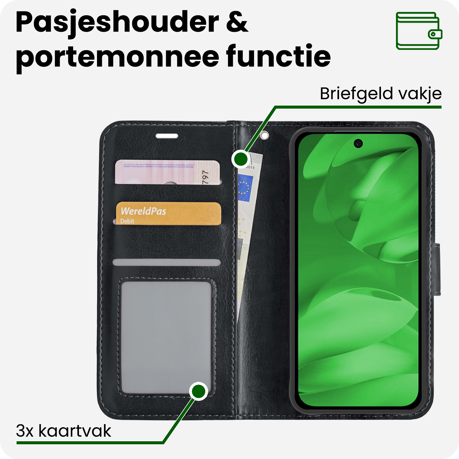 BASEY. BASEY. Google Pixel 9a Hoesje Bookcase Met 2x Screenprotector - Zwart