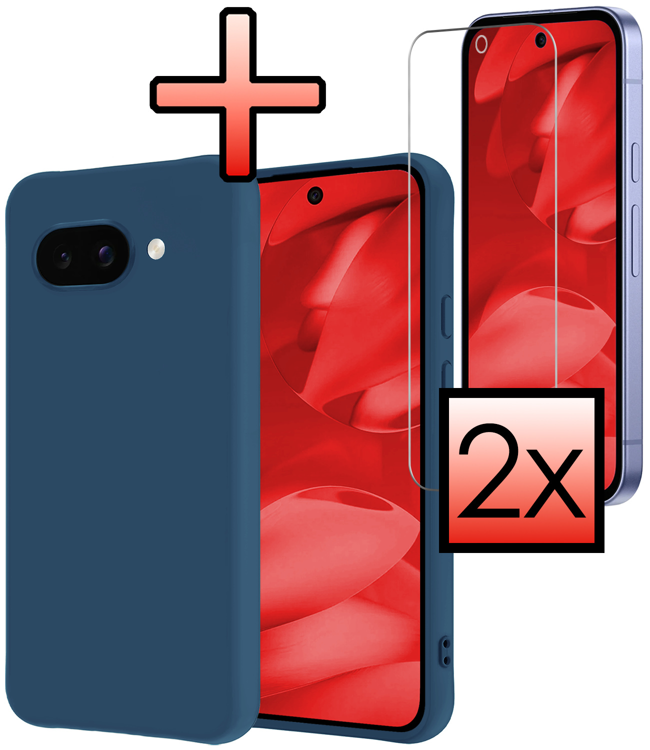 NoXx NoXx Google Pixel 9a Hoesje Siliconen Met 2x Screenprotector - Donkerblauw