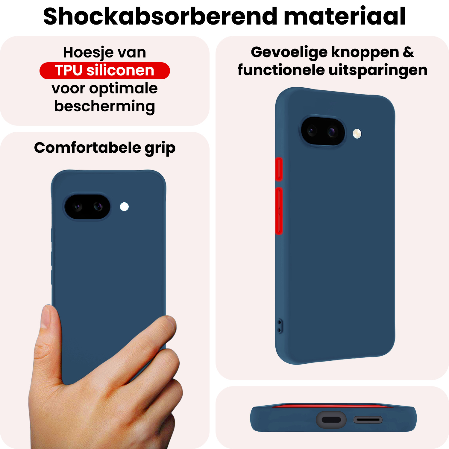 NoXx NoXx Google Pixel 9a Hoesje Siliconen Met 2x Screenprotector - Donkerblauw