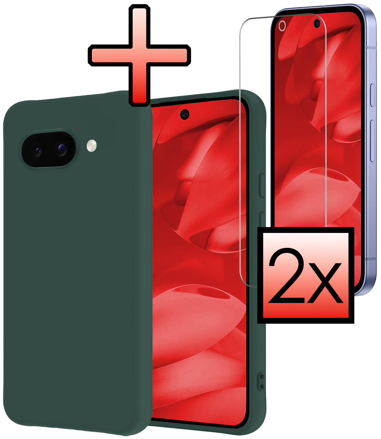 NoXx NoXx Google Pixel 9a Hoesje Siliconen Met 2x Screenprotector - Donkergroen