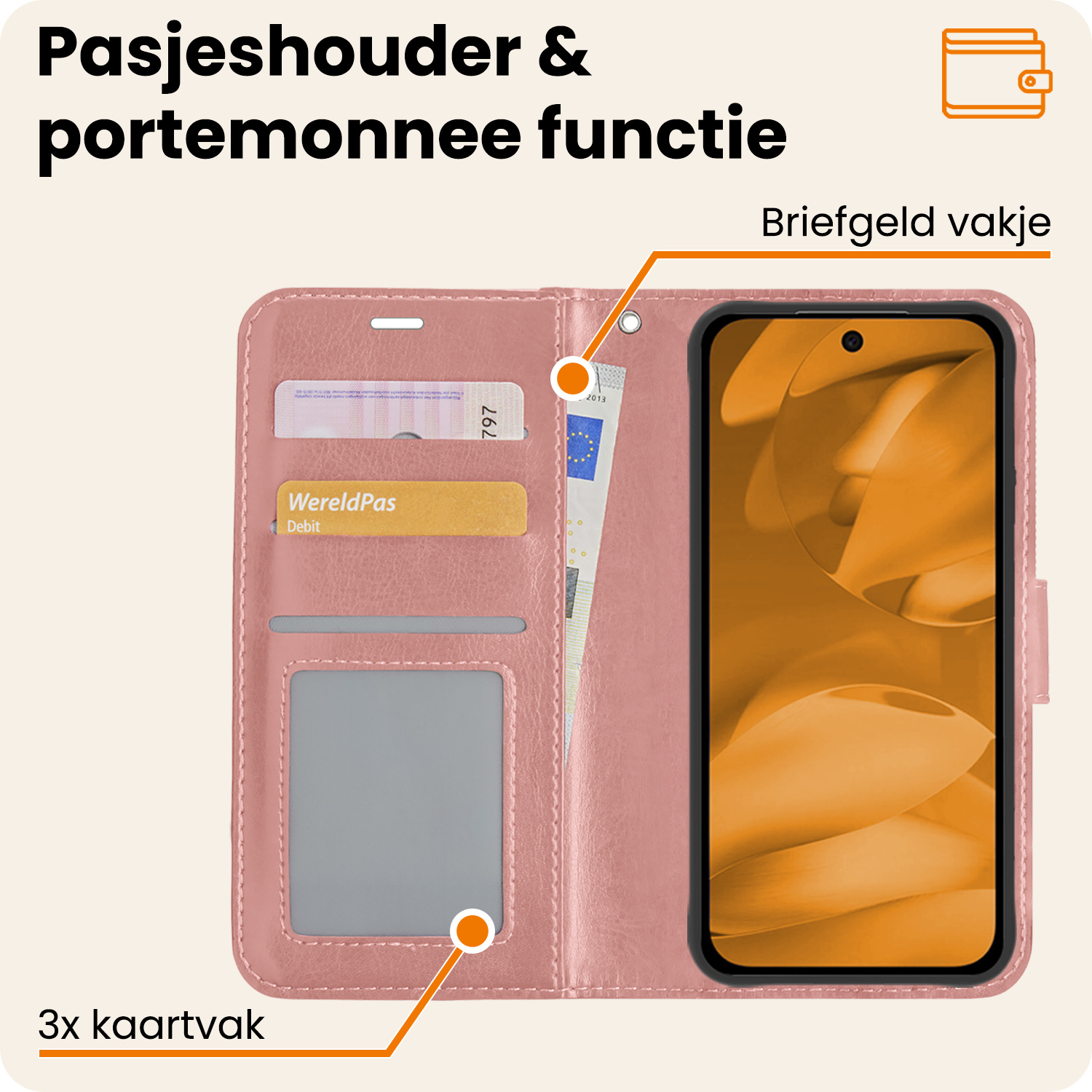 Nomfy Nomfy Google Pixel 9a Hoesje Bookcase Met 2x Screenprotector - Rose Goud