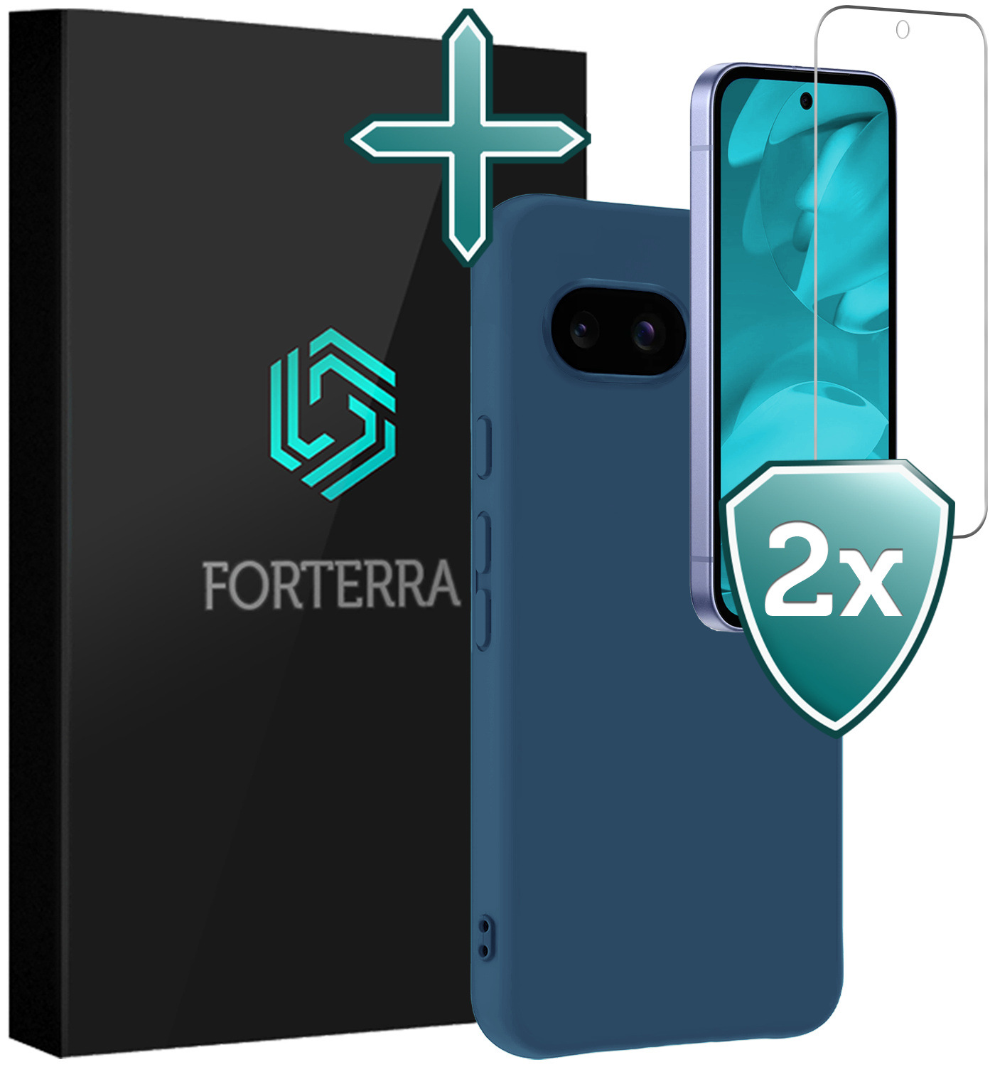 Forterra Forterra Google Pixel 9a Hoesje Siliconen Met 2x Screenprotector - Donkerblauw