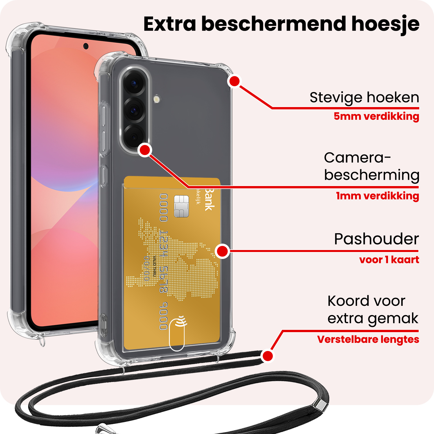 NoXx NoXx Samsung Galaxy A36 Hoesje Pashouder met Koord Met Screenprotector