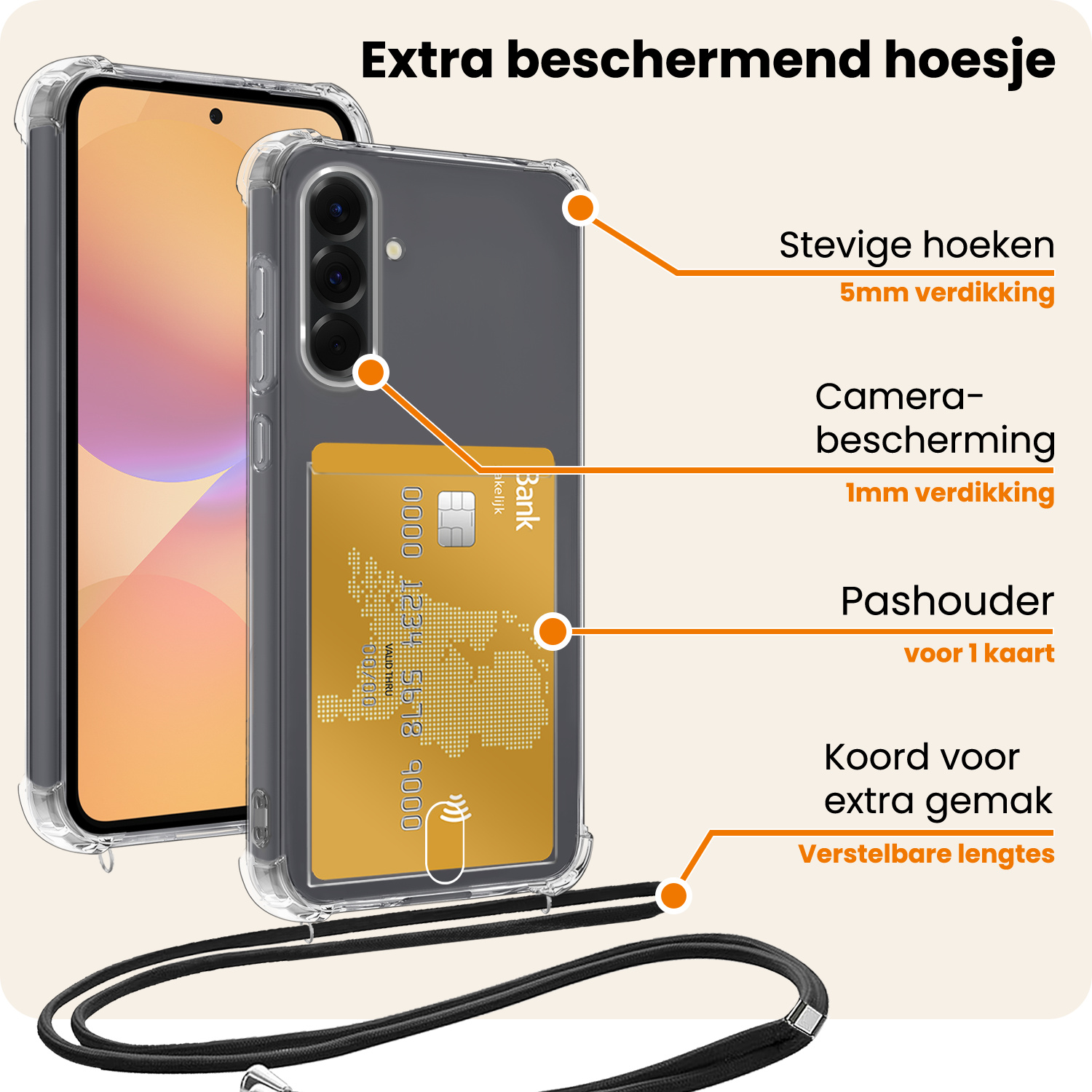 Nomfy Nomfy Samsung Galaxy A36 Hoesje Pashouder met Koord Met Screenprotector