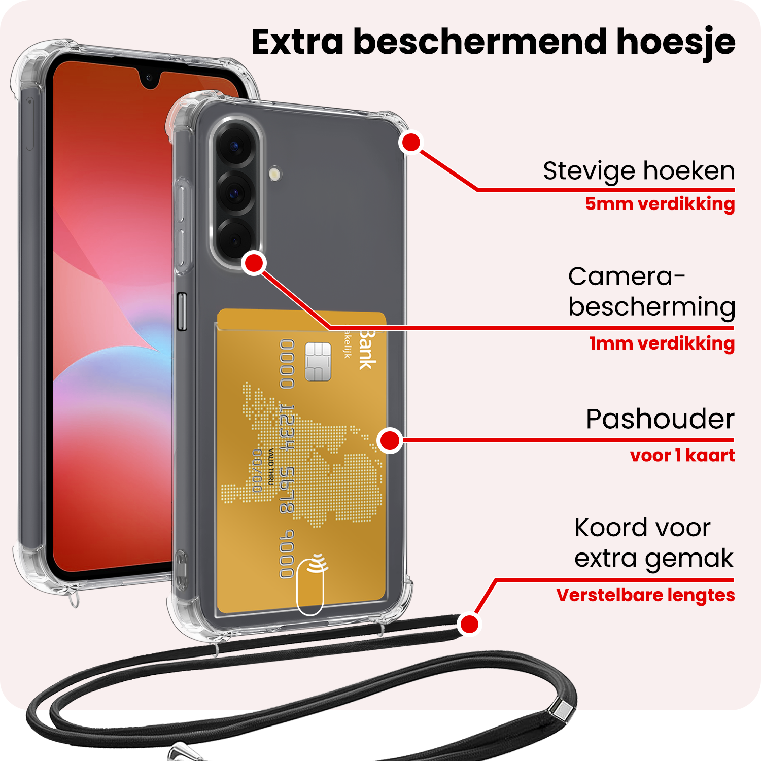 NoXx NoXx Samsung Galaxy A26 Hoesje Pashouder met Koord Met Screenprotector